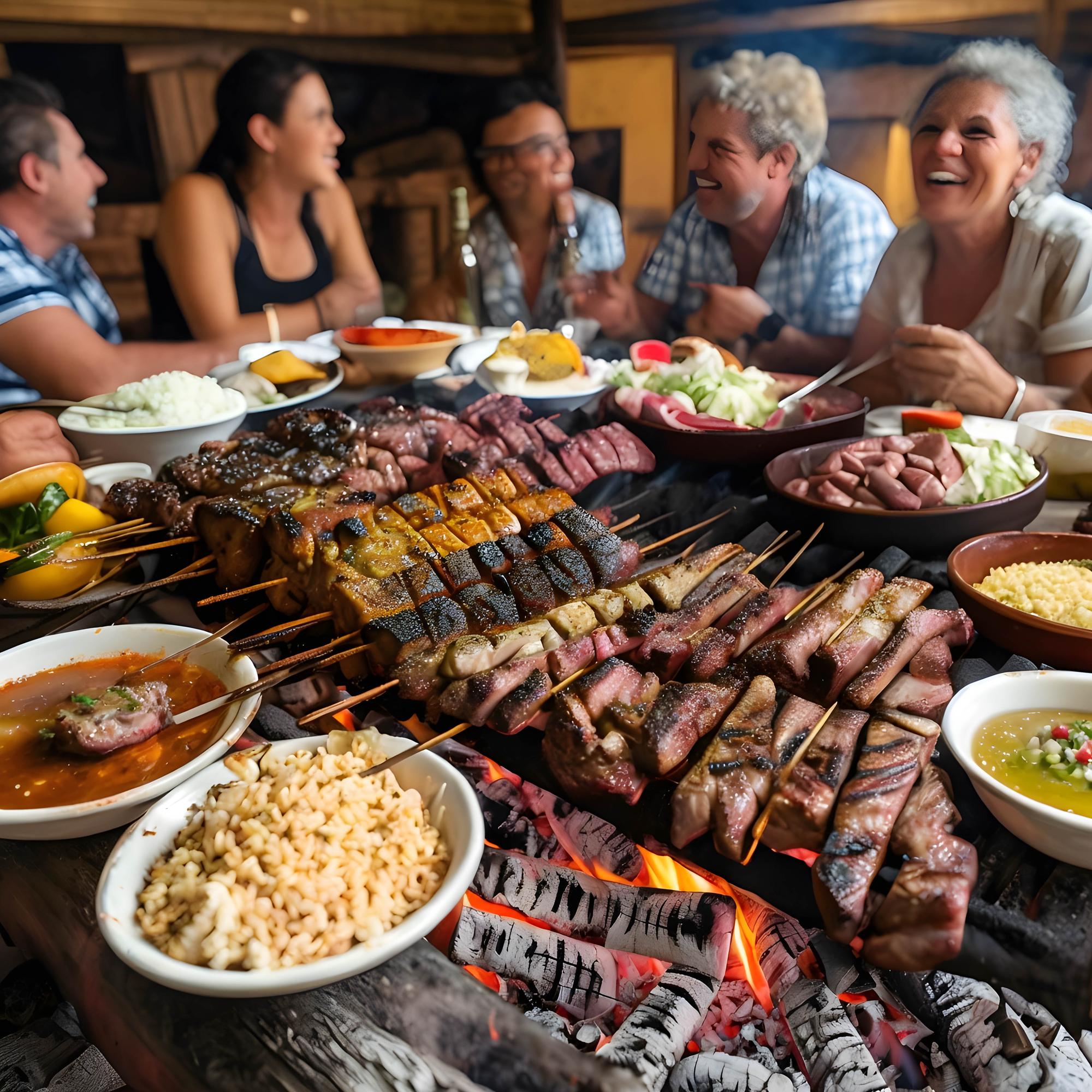 Uma mesa cheia com as luzes de um churrasco tradicional de Rio Grande do Sul.