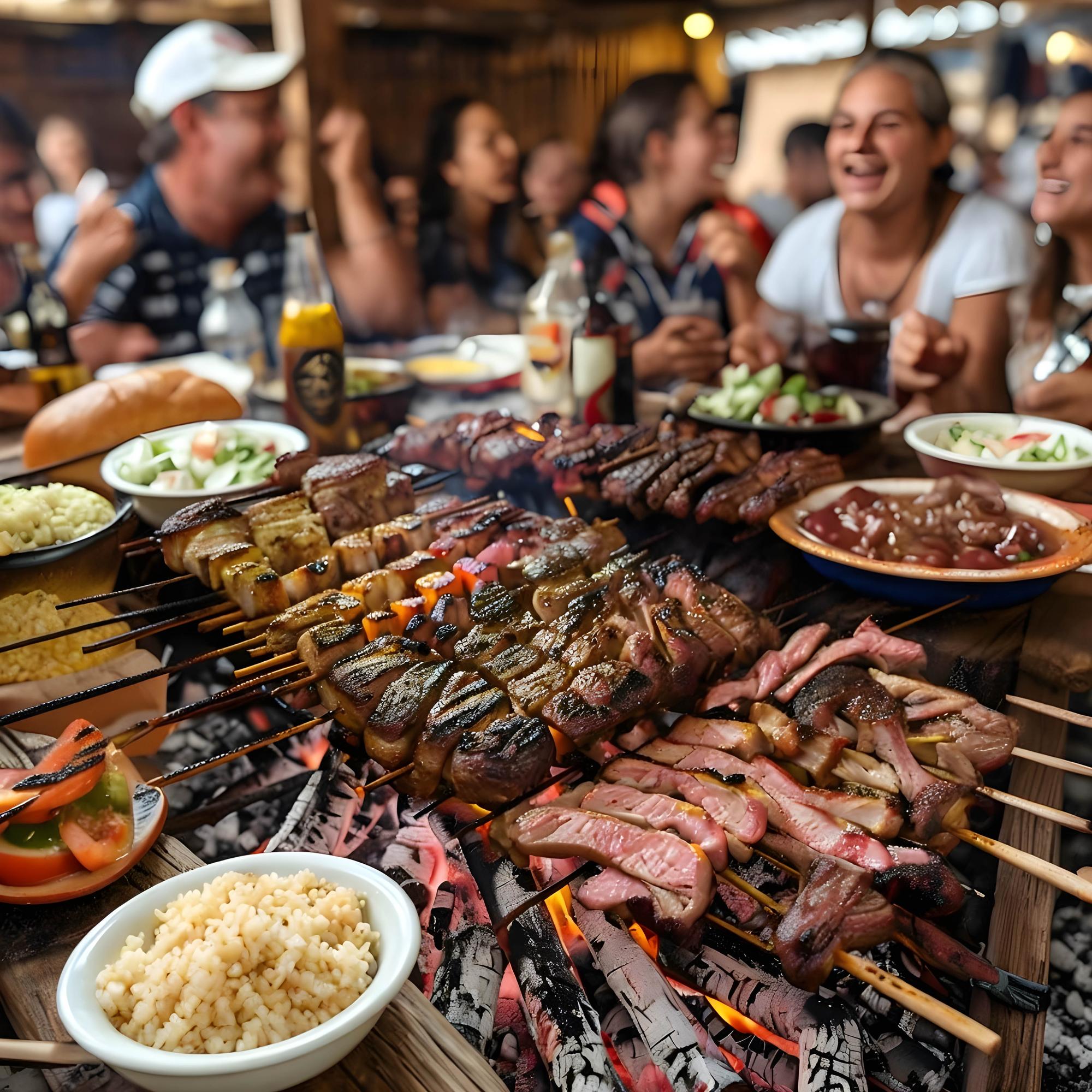 Uma mesa cheia com as luzes de um churrasco tradicional de Rio Grande do Sul.