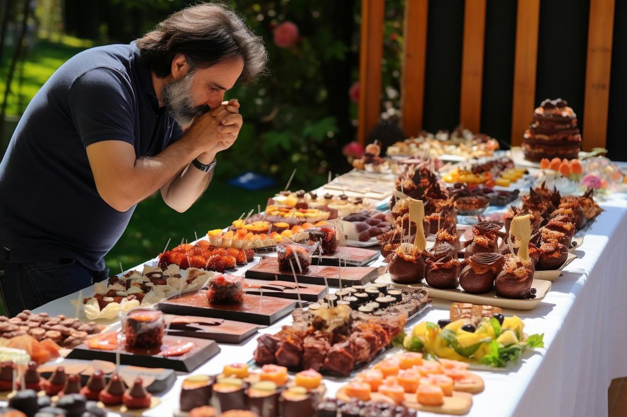 Um juiz de competição de churrasco a provar comida.