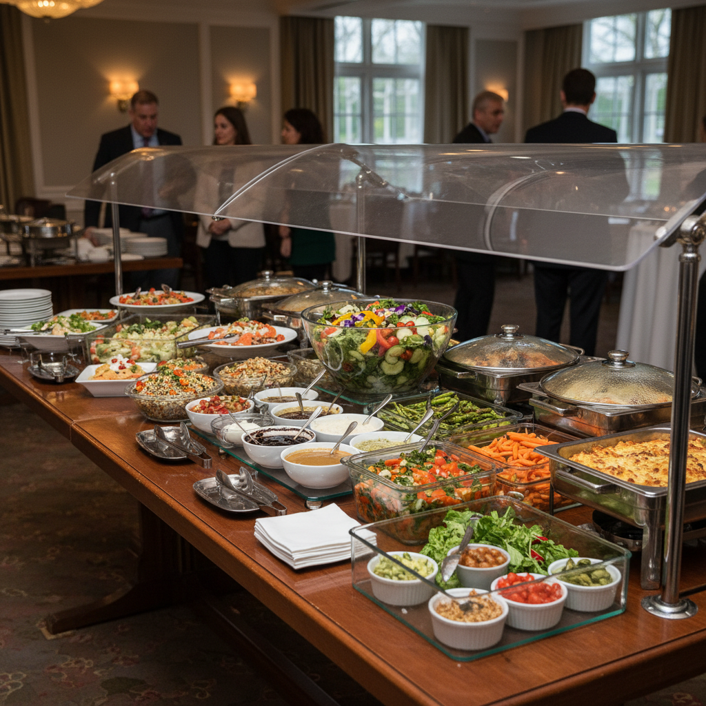 Mesa de acompanhamentos sofisticados e saladas frescas para eventos corporativos, apresentada de forma organizada e higiênica.