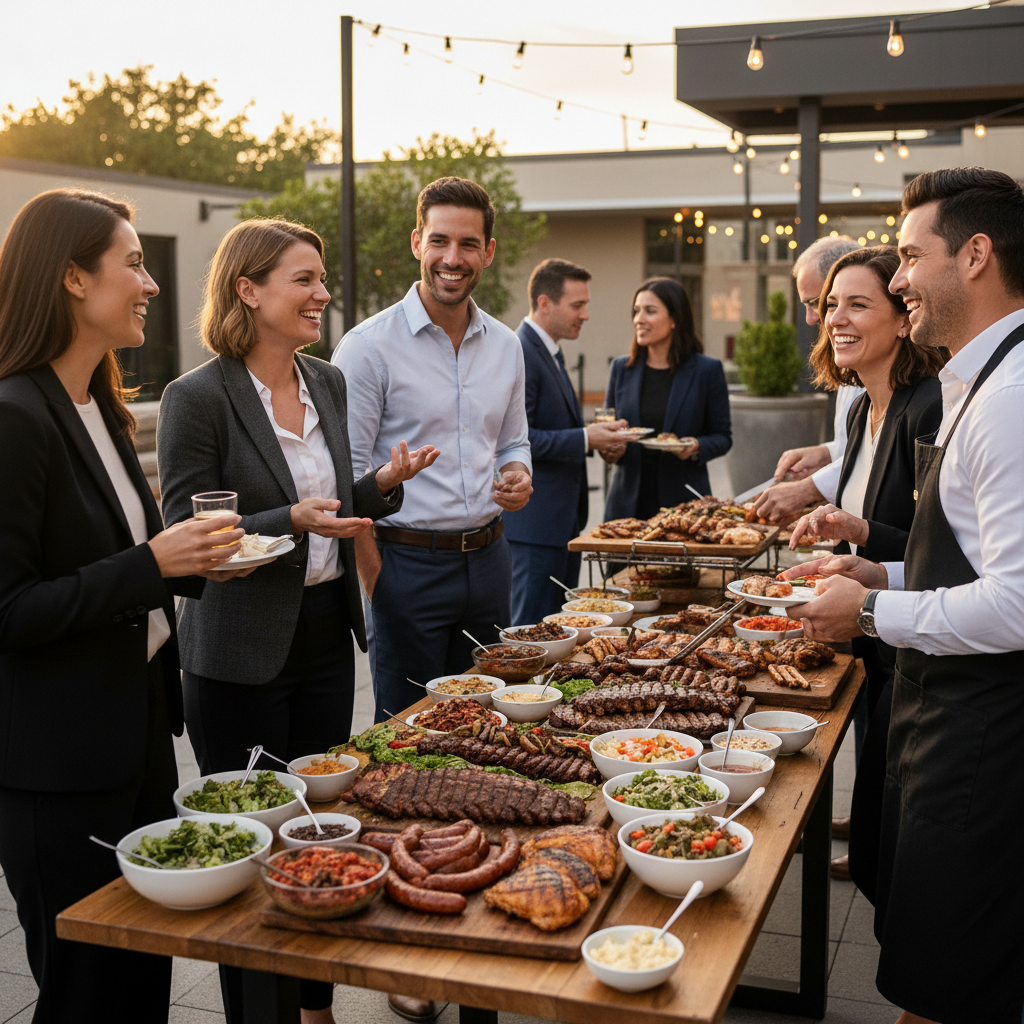 Profissionais de RH conversando sorridentes durante uma confraternização empresarial com um buffet de churrasco ao fundo.