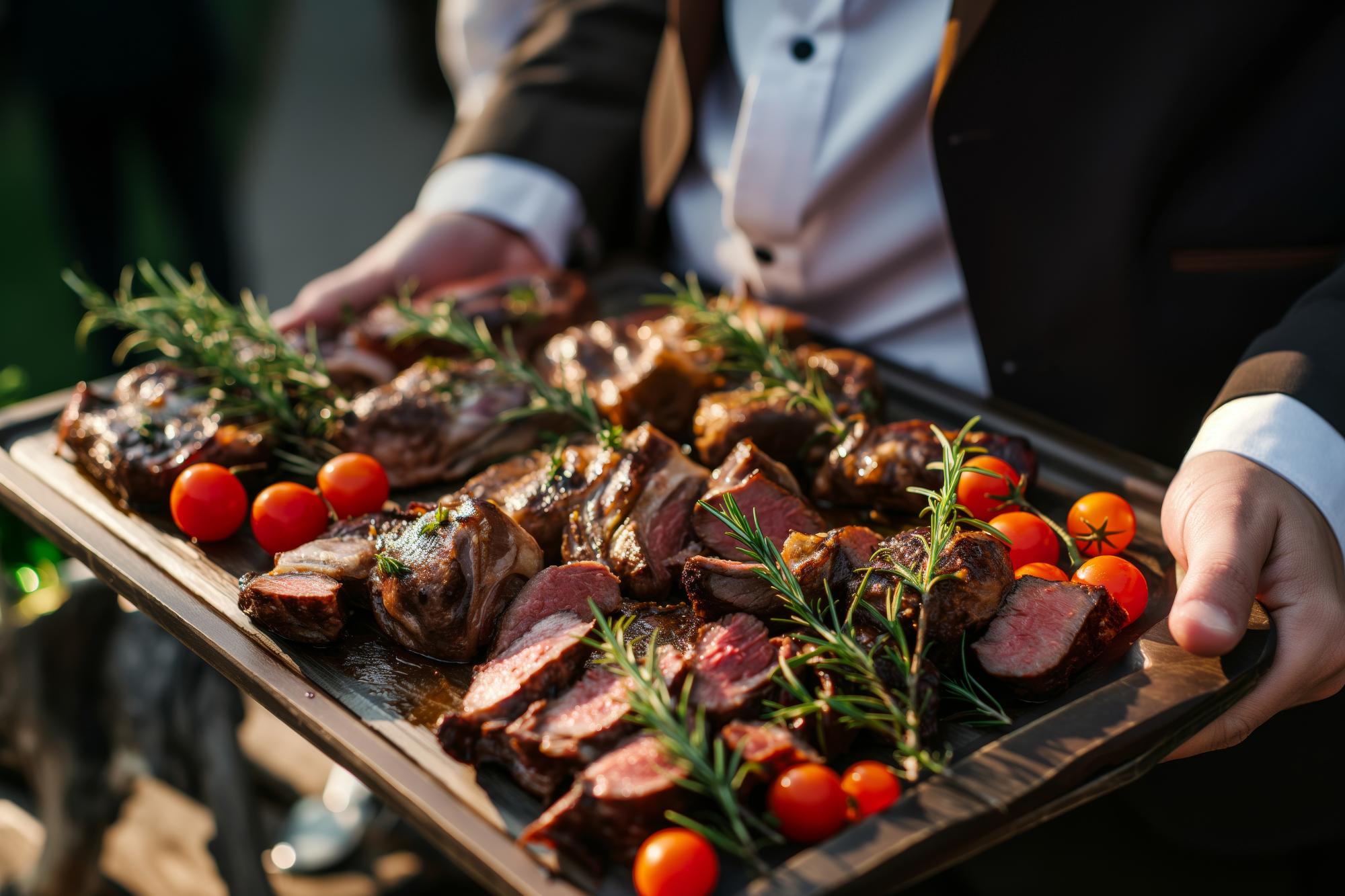 Apresentação gourmet de carnes grelhadas e legumes frescos na bandeja de serviço