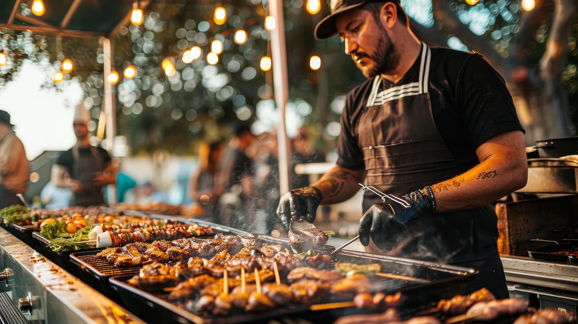 um homem grelha comida em uma grelha com um sinal que diz chef sobre ele