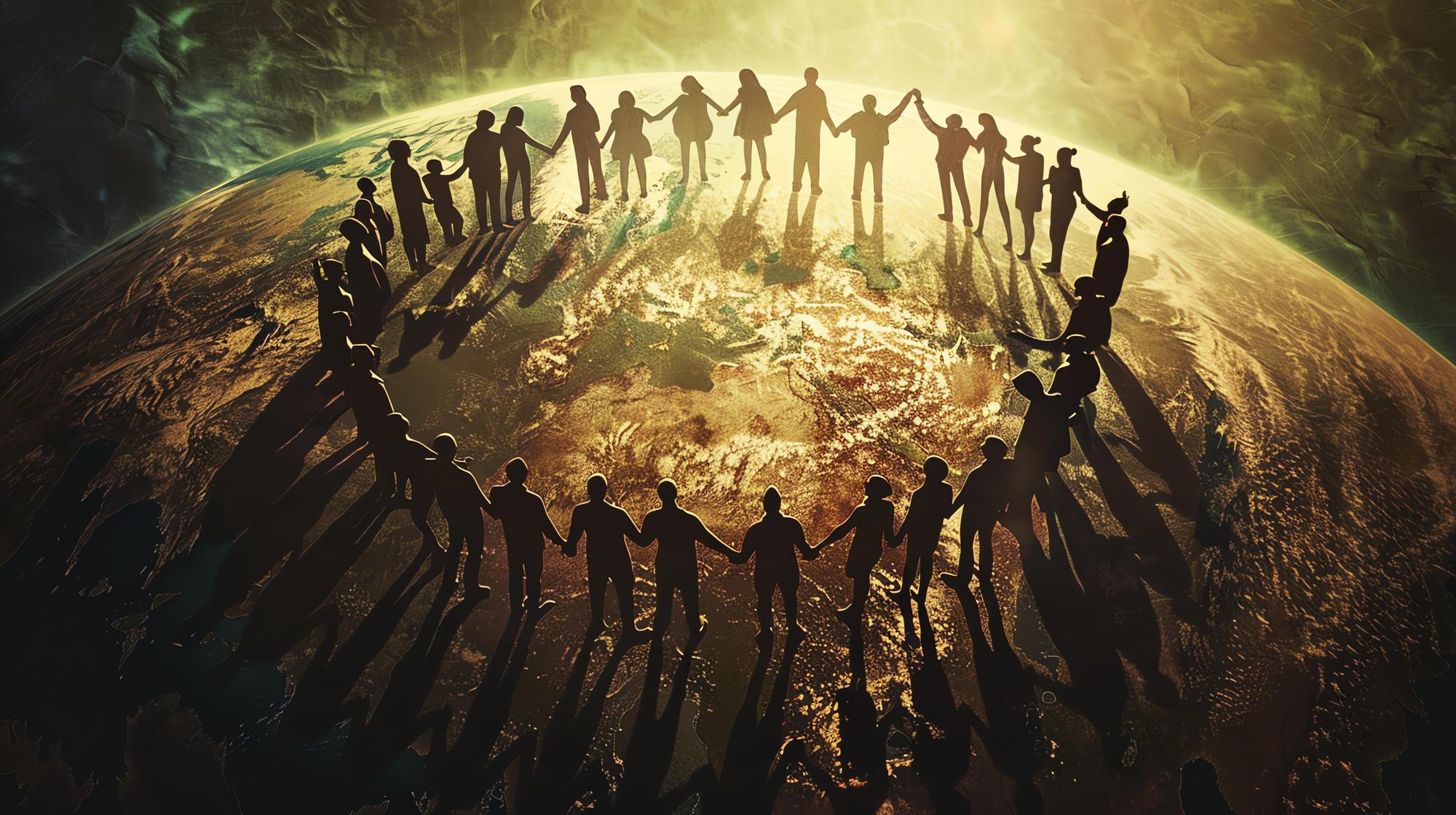 Um grupo de pessoas diversas de mãos dadas em um círculo em torno da Terra A imagem é definida contra o fundo de um planeta verde e azul brilhante