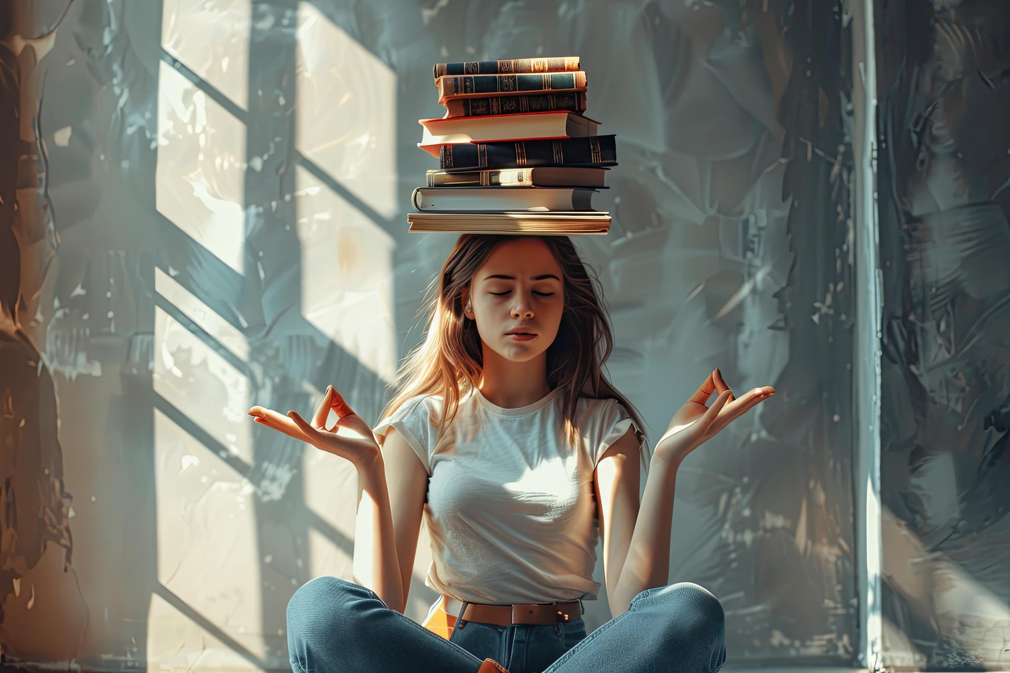 Garota medita com uma pilha de livros na cabeça Preparando-se para o exame ou lendo livros