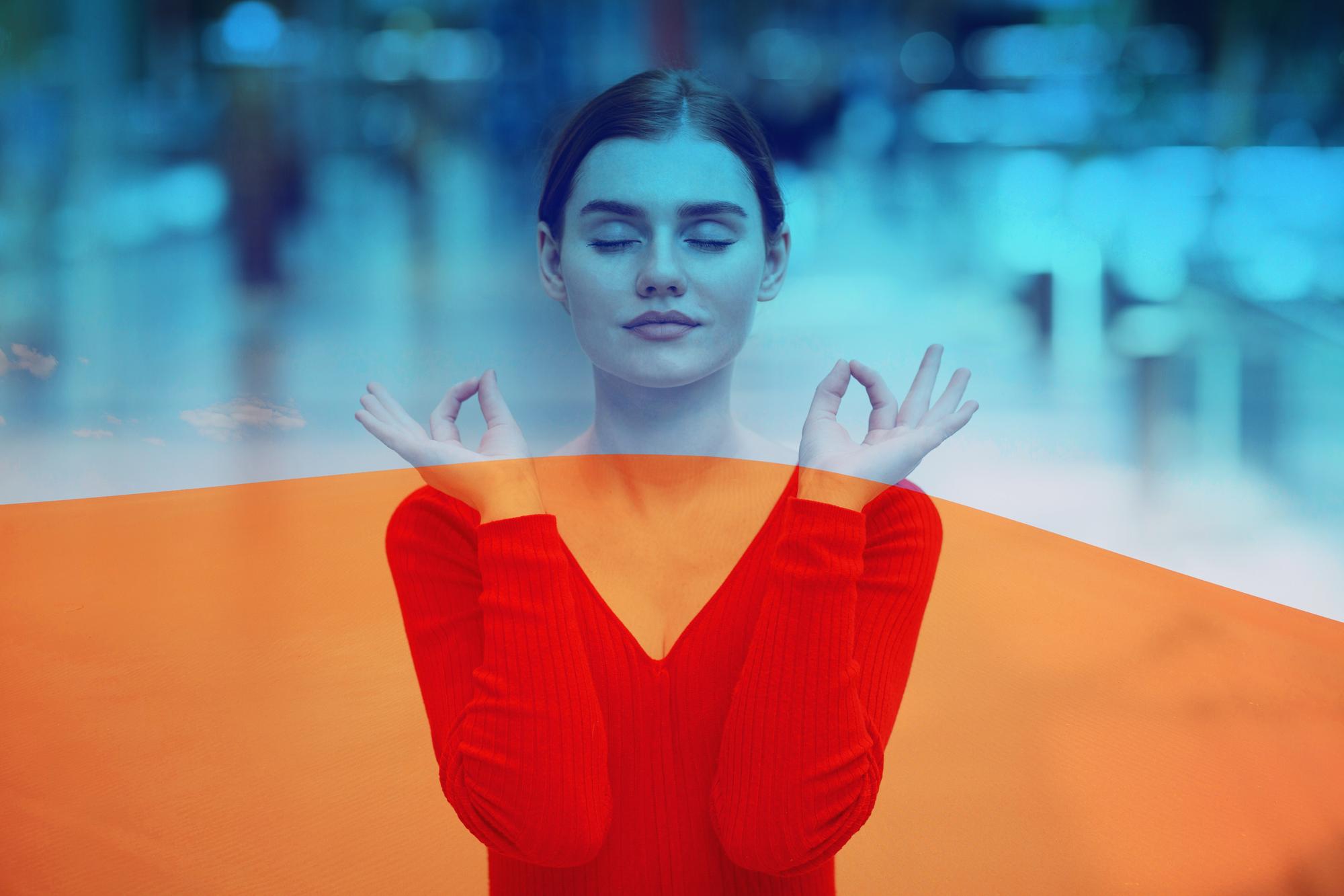 Imagem composta digital de mulher com os olhos fechados ao ar livre