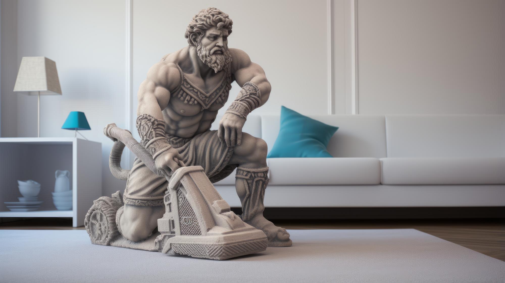 Estatua de homem de mármore grego antigo limpando tapete em casa moderna