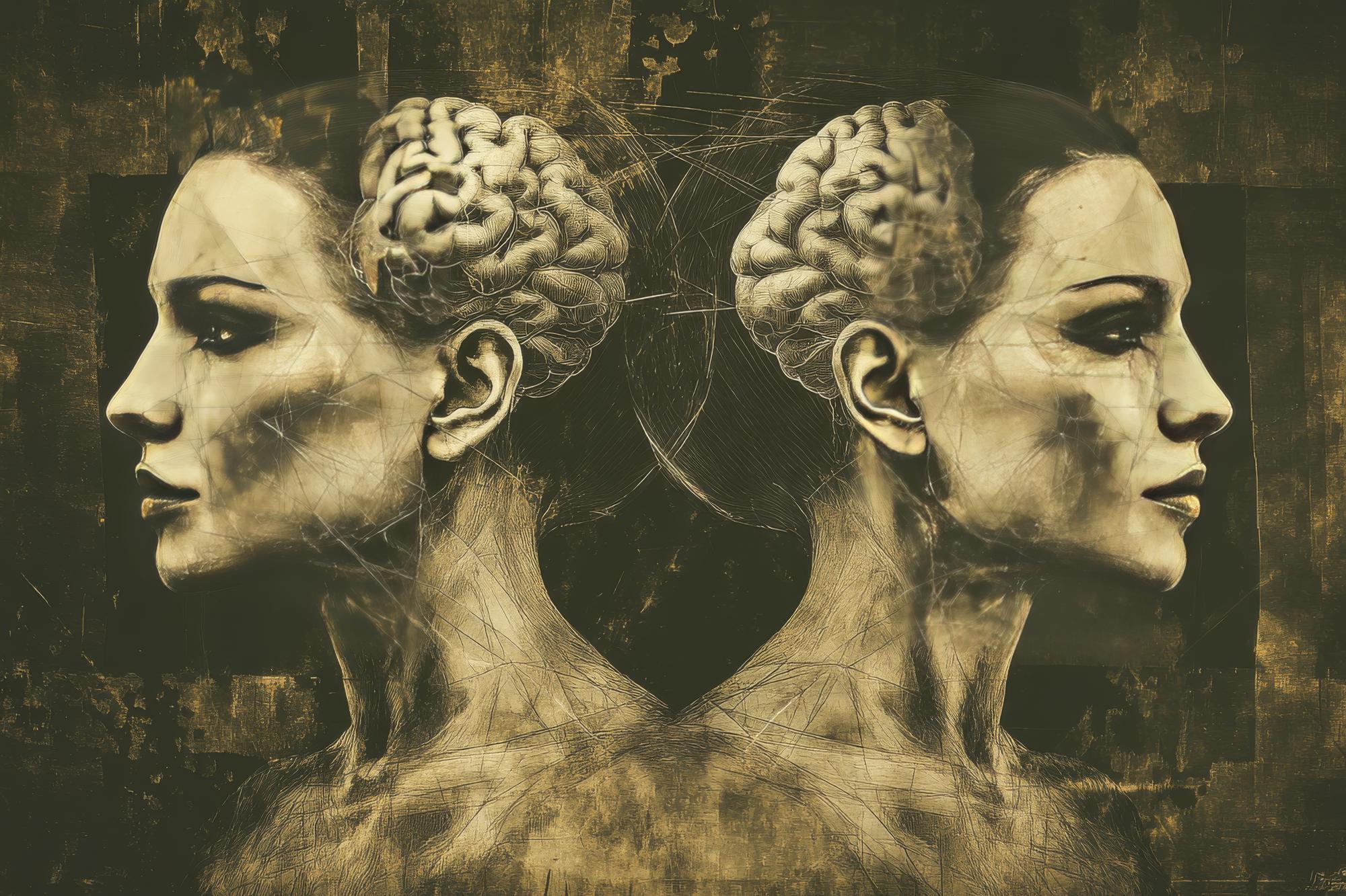 Capacidade cognitiva Rostos de perfil duplo com ilustrações do cérebro representando o mental e as emoções