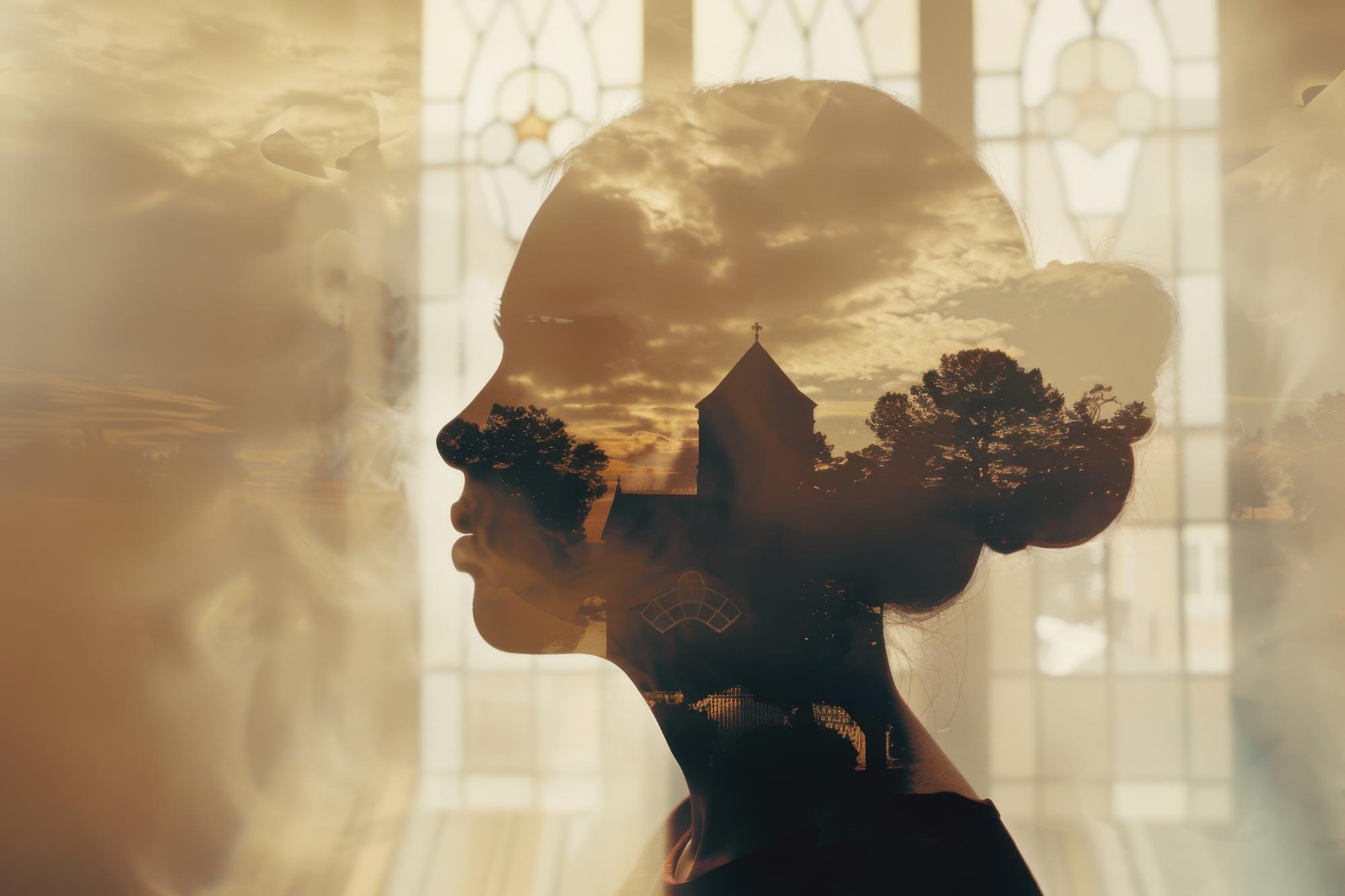 Uma dupla exposição de um perfil de mulher e uma cena de igreja com mistura de névoa e luz suave