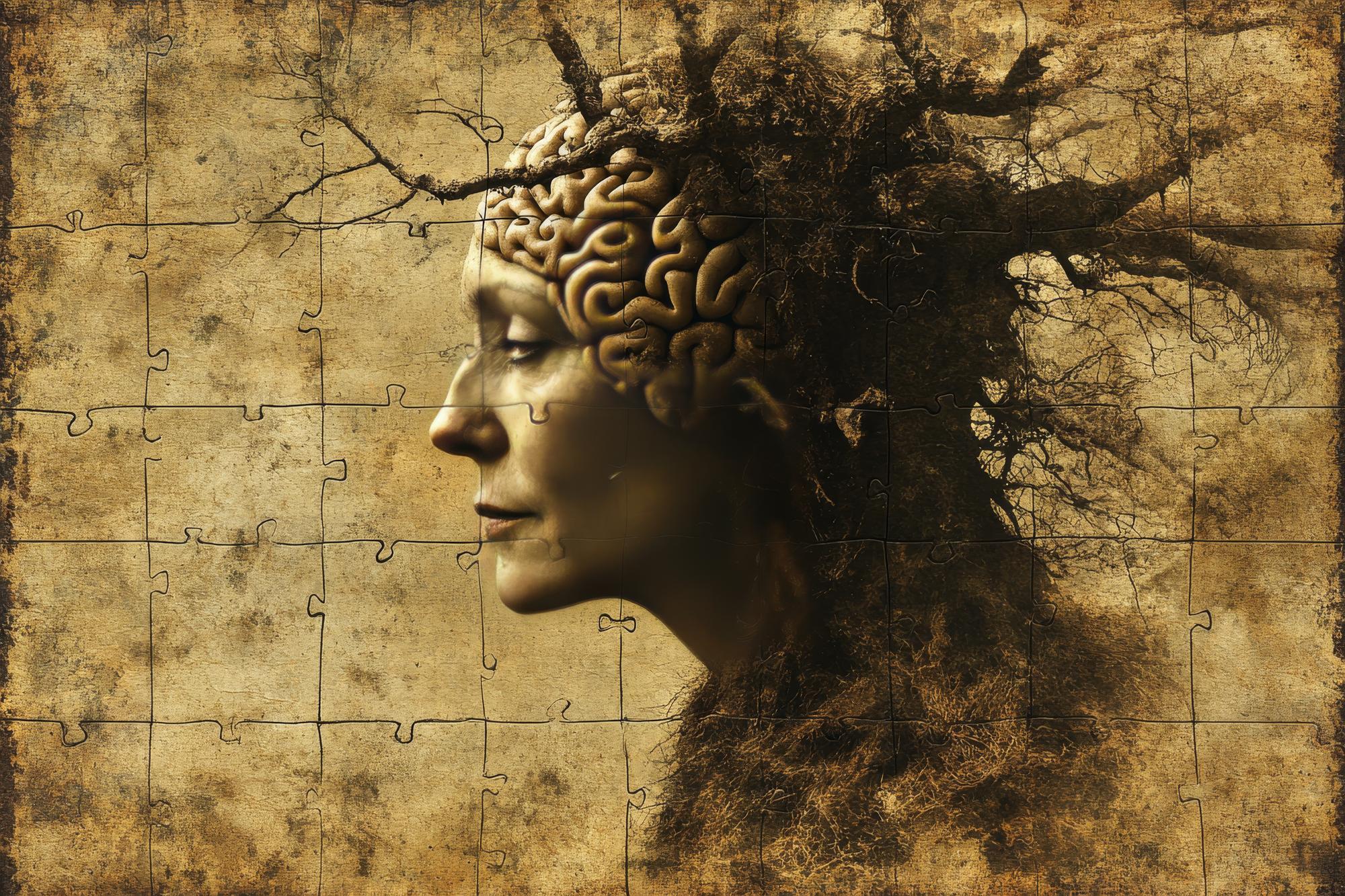 Retrato surrealista de uma mulher com um cérebro feito de raízes emaranhadas simbolizando as profundas conexões de