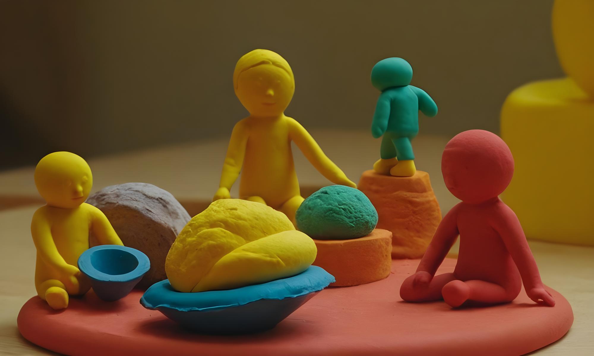 Pessoas de barro coloridas se reunindo em torno de comida em uma mesa