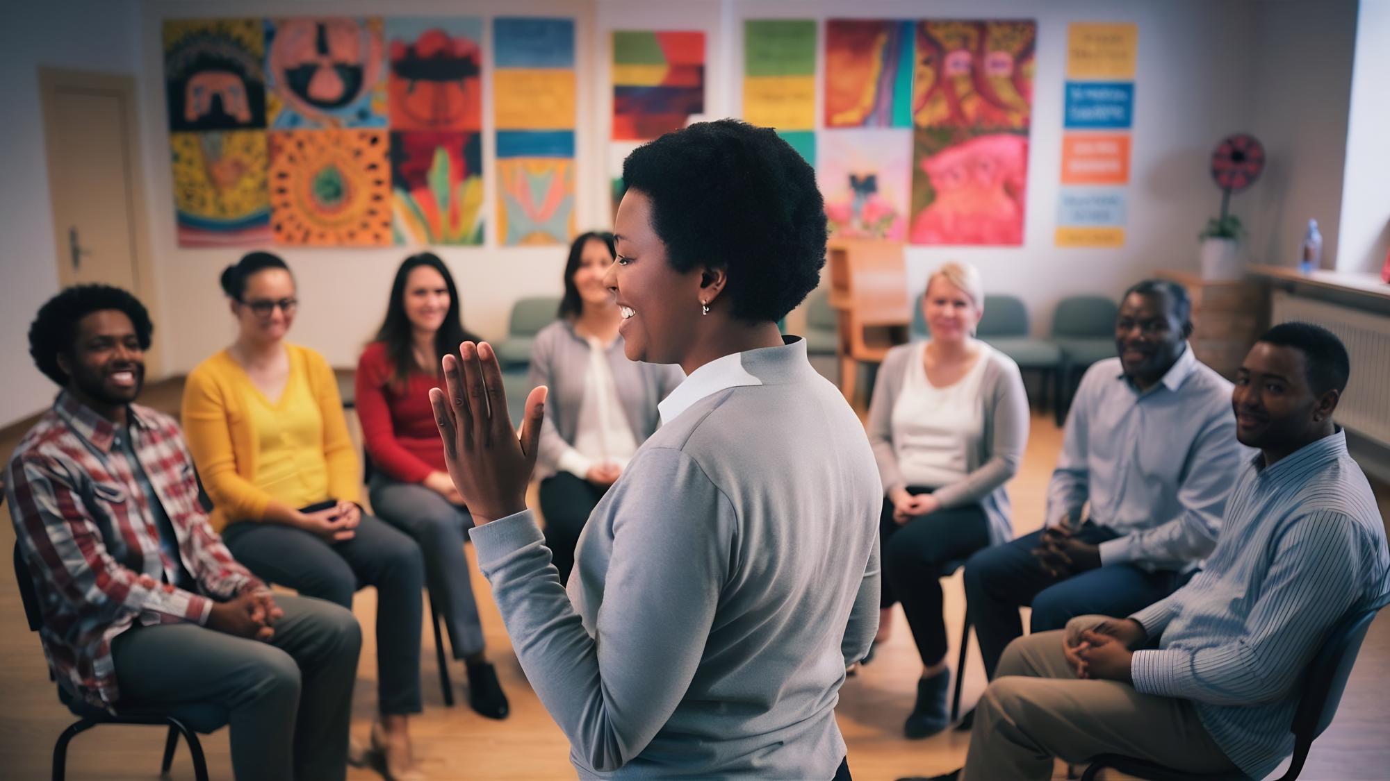 Psicoterapeuta afro-americano a liderar uma reunião de grupo no centro comunitário.