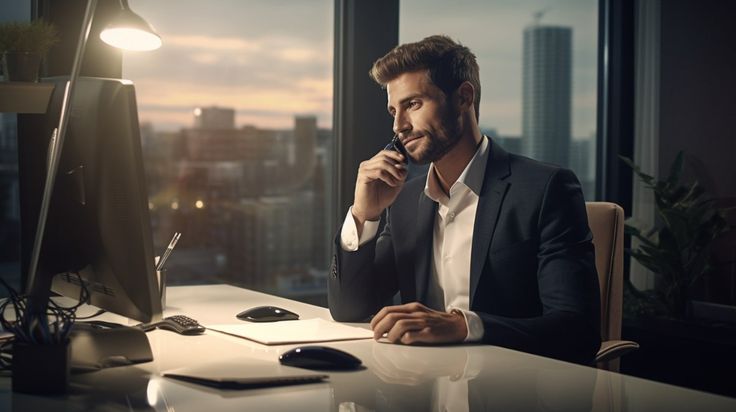 Homem executivo elegante em ambiente corporativo moderno com luz suave e tons de cinza e azul