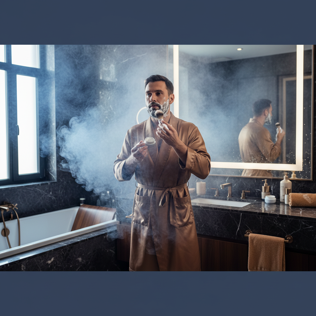 Homem moderno em ambiente de luxo cuidando da barba, com foco em texturas de água e vapor suave em tons de roxo e azul