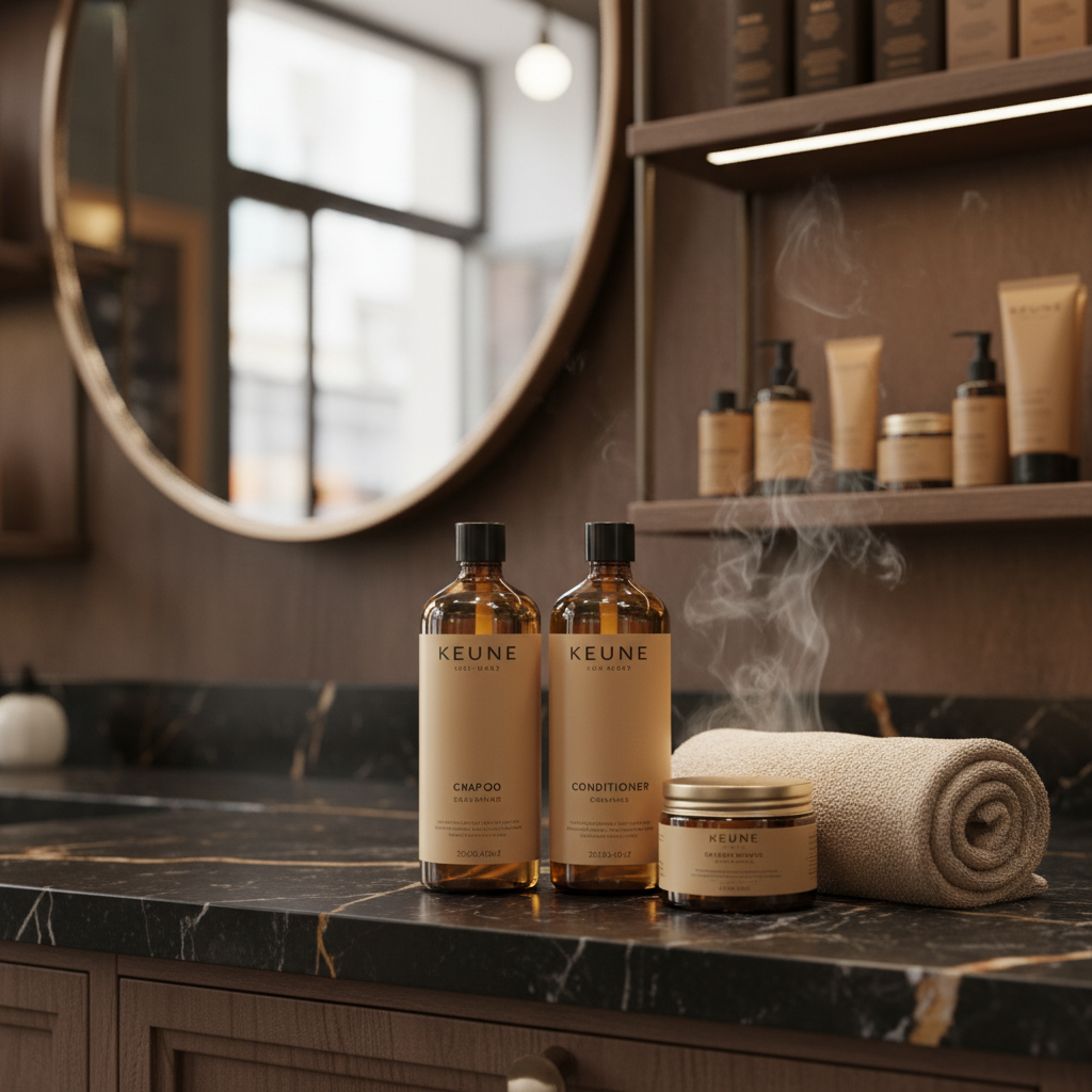 Detalhe de produtos premium Keune e toalha quente em barbearia clássica com iluminação sofisticada