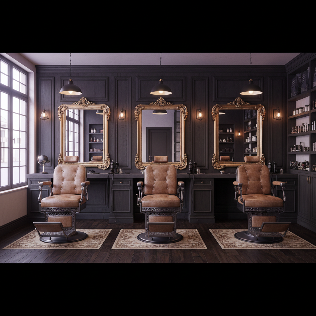Ambiente interno de barbearia premium com cadeiras de couro, espelhos vitorianos e iluminação em tons de ametista
