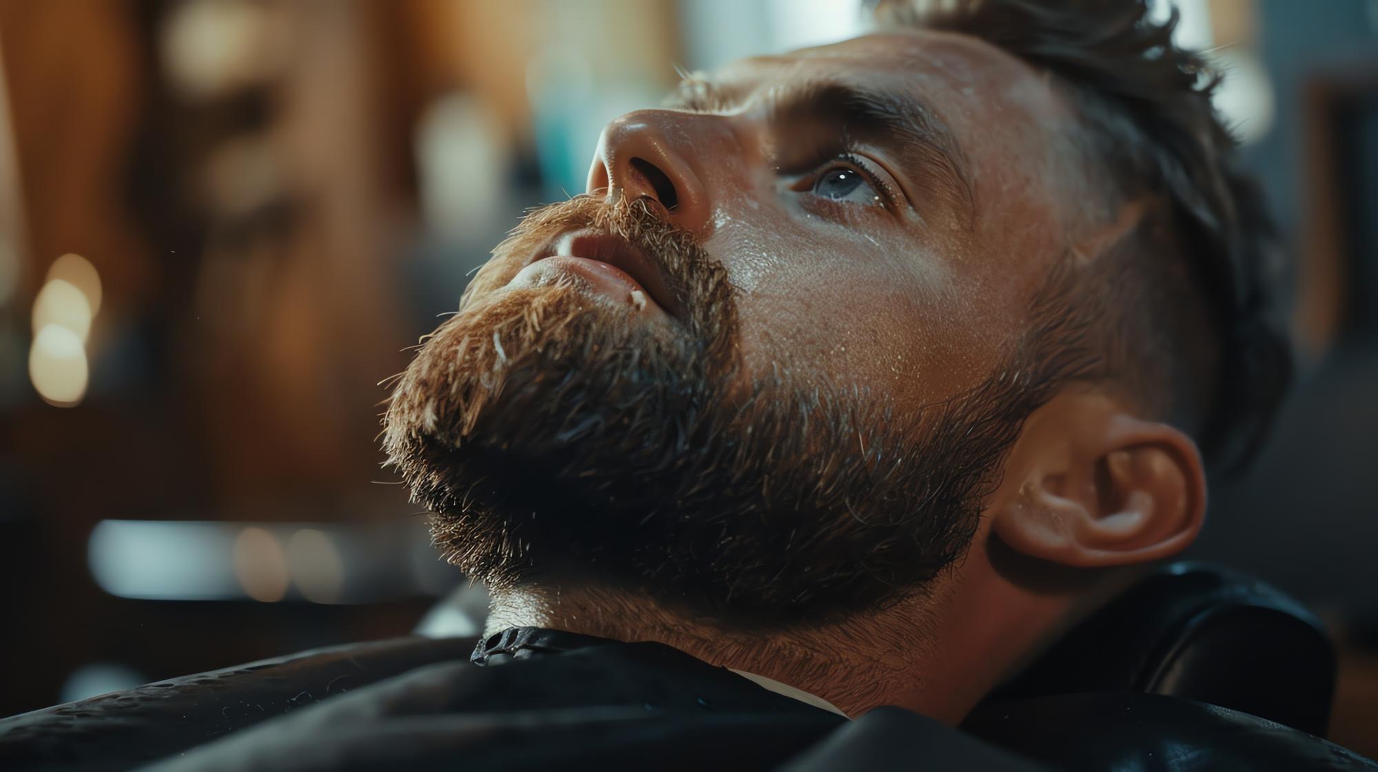 Um homem com barba está cortando a barba em uma barbearia ele está olhando para o barbeiro com um olhar de confiança em seu rosto