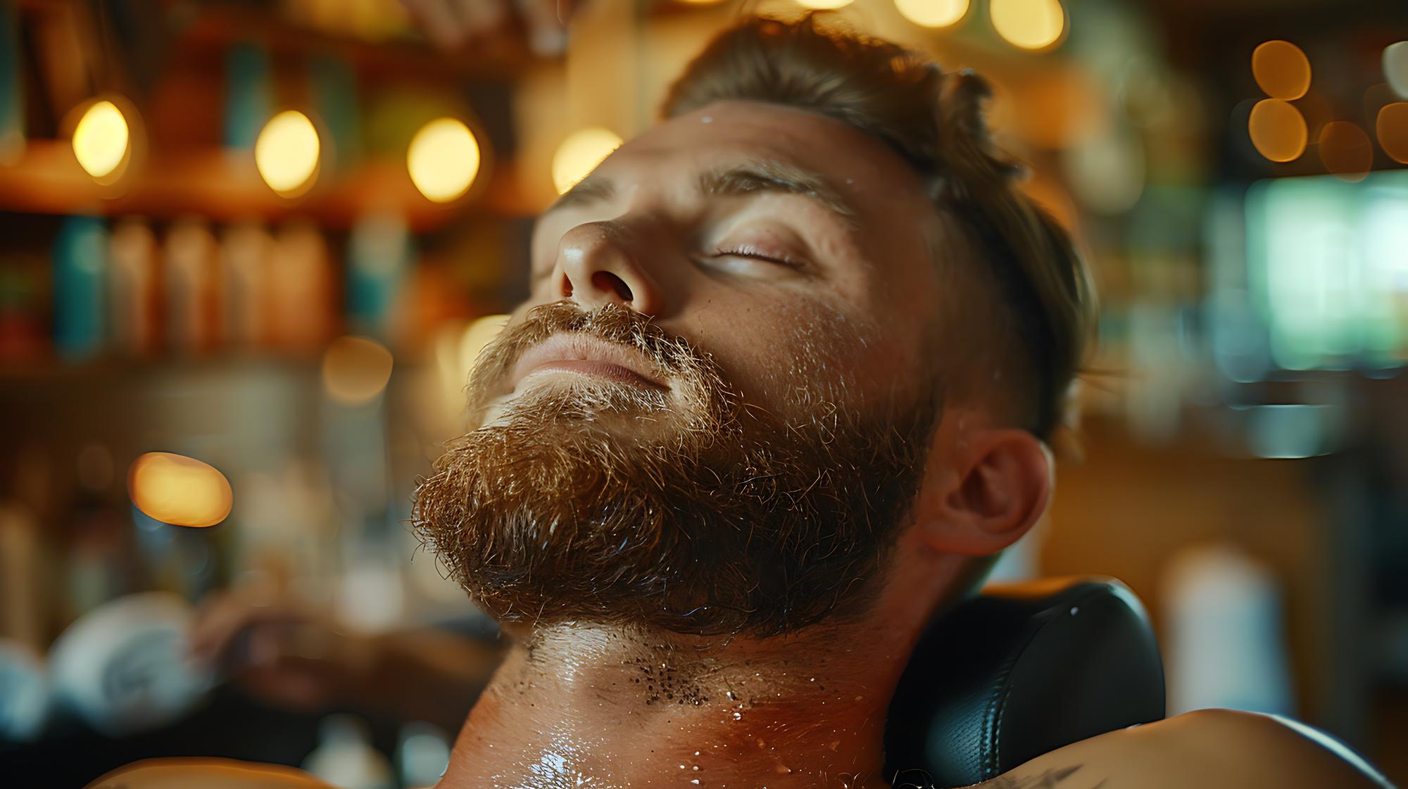 Um homem bonito e barbudo está a ser penteado pelo cabeleireiro na barbearia.