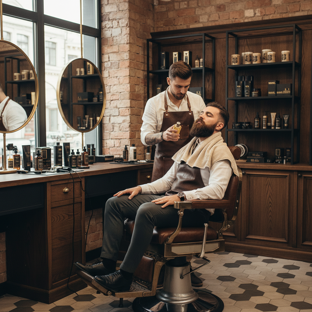 Homem de barba estilo lenhador urbano sendo atendido em uma barbearia de luxo com toalha quente e produtos premium