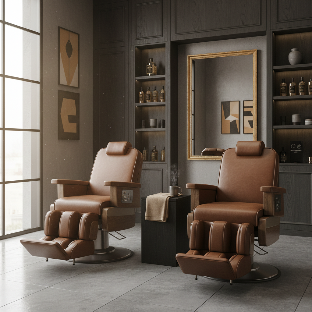 Close-up de detalhes de uma barbearia premium com cadeiras de massagem e ambiente sofisticado em tons de roxo e cinza