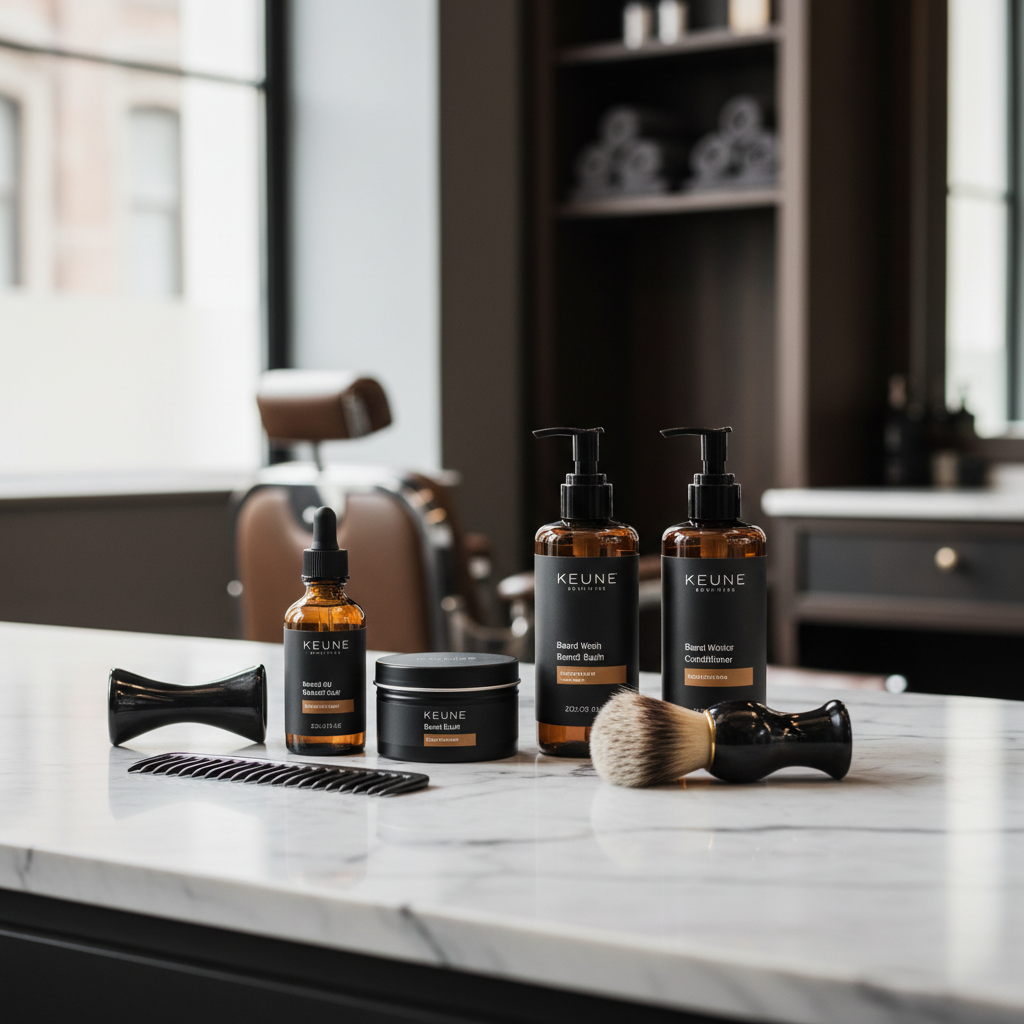 Produtos de barba de marca premium Keune dispostos em uma bancada de mármore de barbearia luxuosa