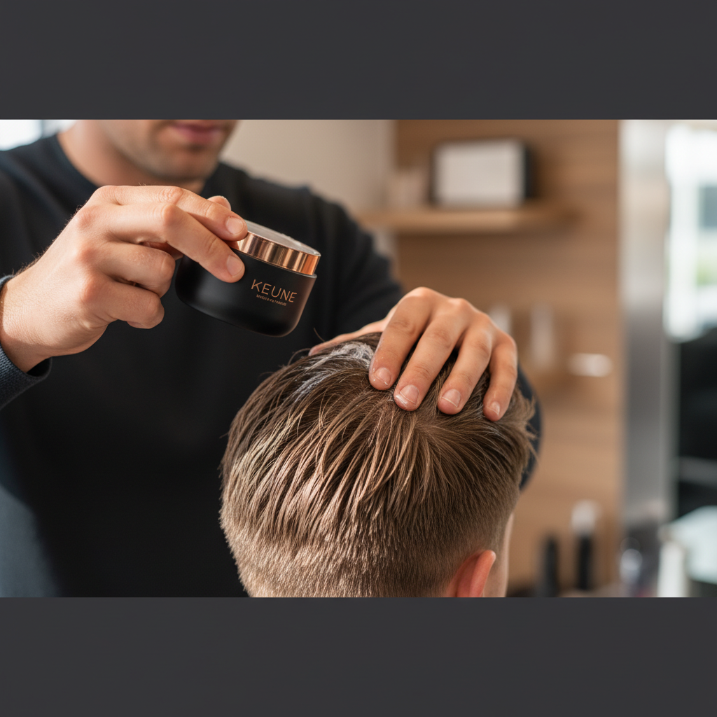 Close-up de mãos profissionais aplicando produto da marca Keune em cabelo masculino, foco na textura e qualidade do serviço premium.
