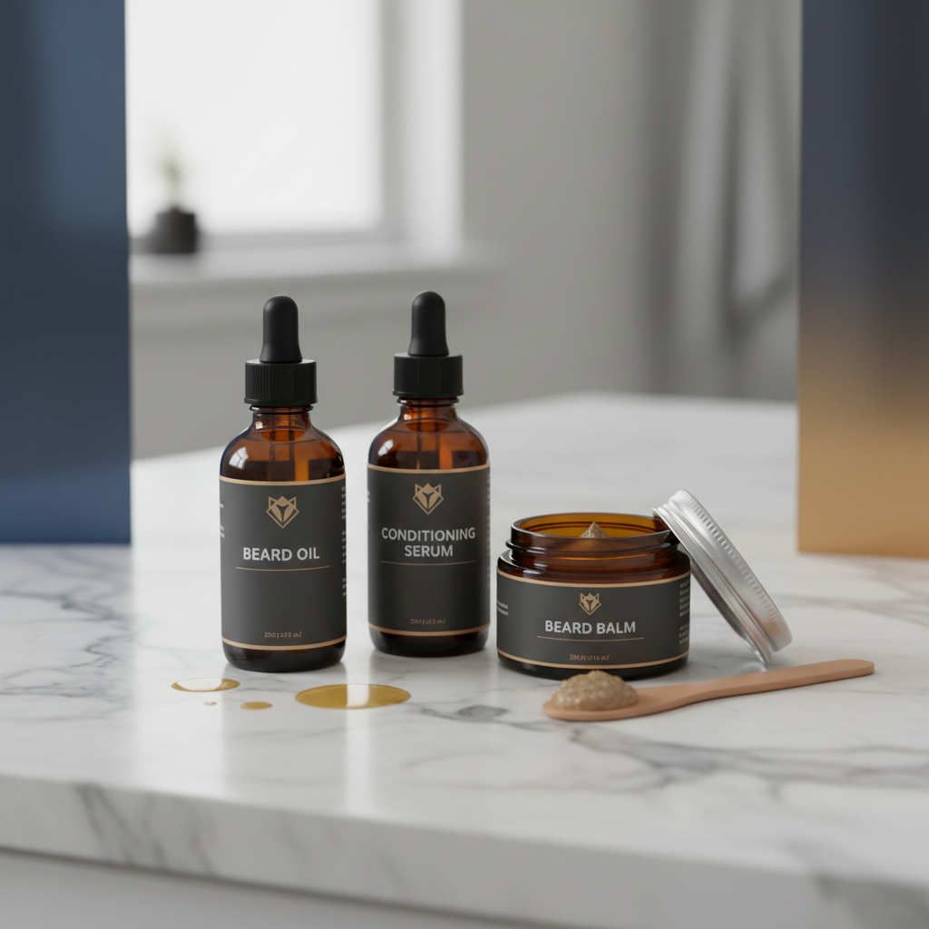 Close-up fotorrealista de produtos de barba premium como óleos e balms em frascos de vidro âmbar sobre uma bancada de mármore com iluminação técnica roxa e azulada