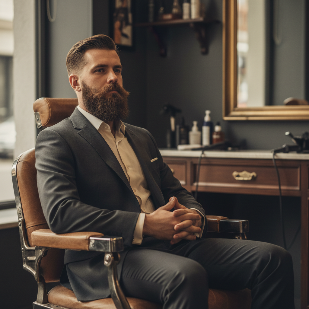 Homem elegante com barba estilo lenhador perfeitamente aparada sentado em uma cadeira de barbearia vintage de couro, foco no acabamento da pele