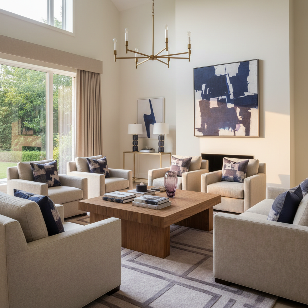 Sala de estar sofisticada com teto alto, iluminada pela luz suave da tarde. No centro, uma mesa de centro de madeira maciça robusta com veios aparentes, cercada por poltronas de linho. A decoração inclui detalhes em tons de #4a3aad e #a8a0c8 nas almofadas e tapete, criando uma atmosfera fotorrealista e luxuosa.