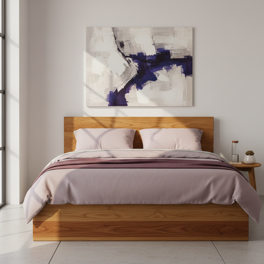 Quarto minimalista com cama de casal em madeira maciça de tons quentes. A luz do sol entra por uma janela lateral, destacando as texturas naturais da madeira. A roupa de cama é em tons suaves de #a8a0c8 e há um quadro abstrato na parede com toques de #4a3aad. Estilo fotorrealista com foco na tranquilidade.