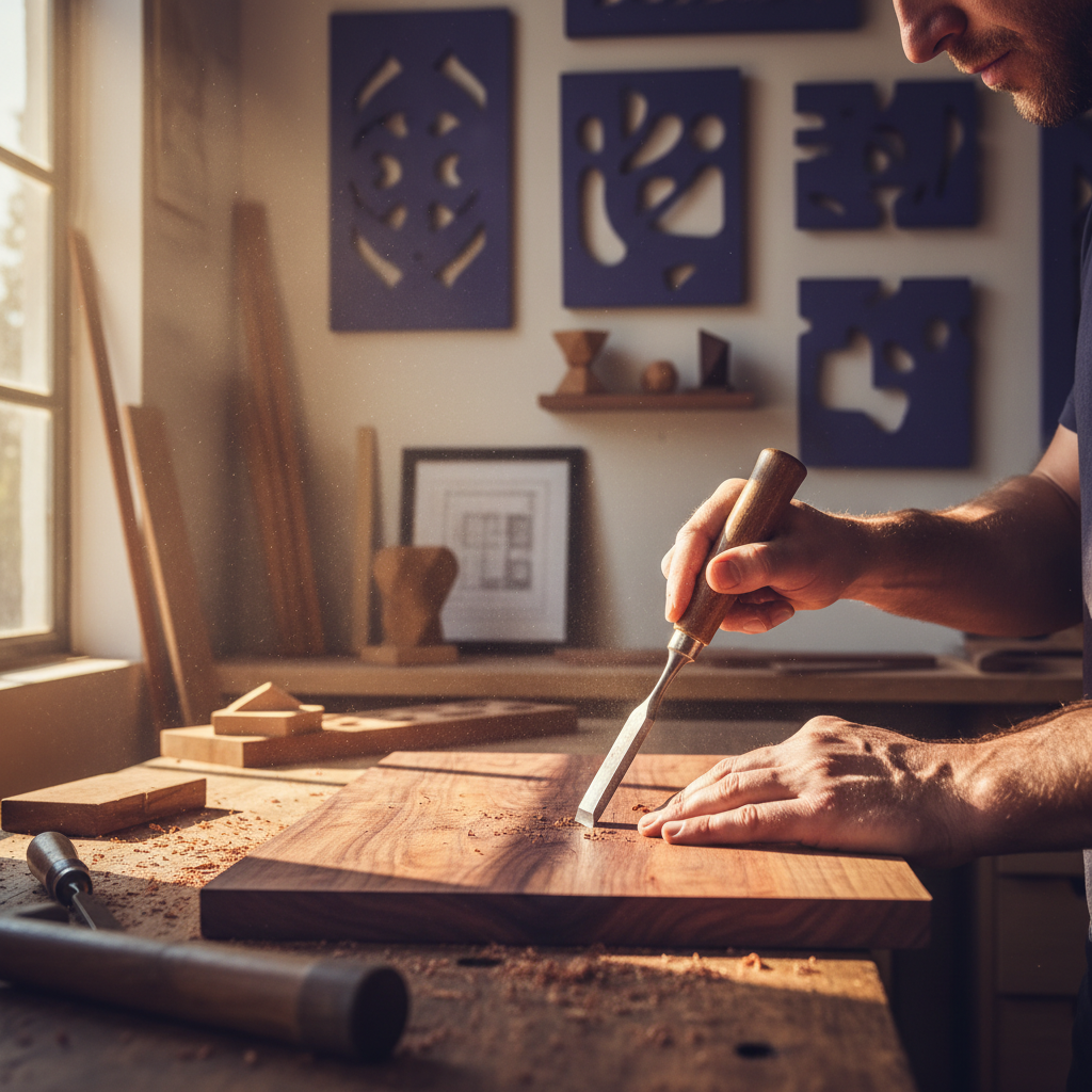 Detalhe de um artesão trabalhando em uma peça de madeira nobre em uma oficina bem iluminada. As mãos mostram as ferramentas tradicionais, enquanto a luz destaca a serragem fina e as cores ricas da madeira. Elementos decorativos no fundo em tons de #4a3aad reforçam o ambiente profissional e artístico.