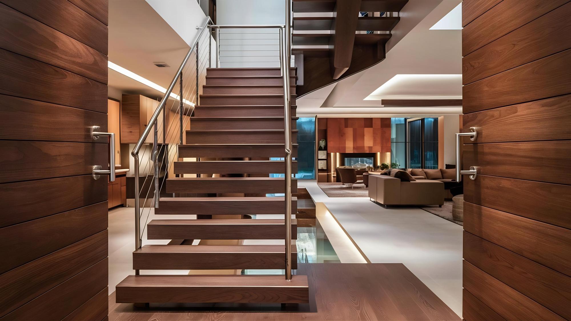 Escadas e portas modernas de madeira de carvalho castanho no interior de uma casa renovada