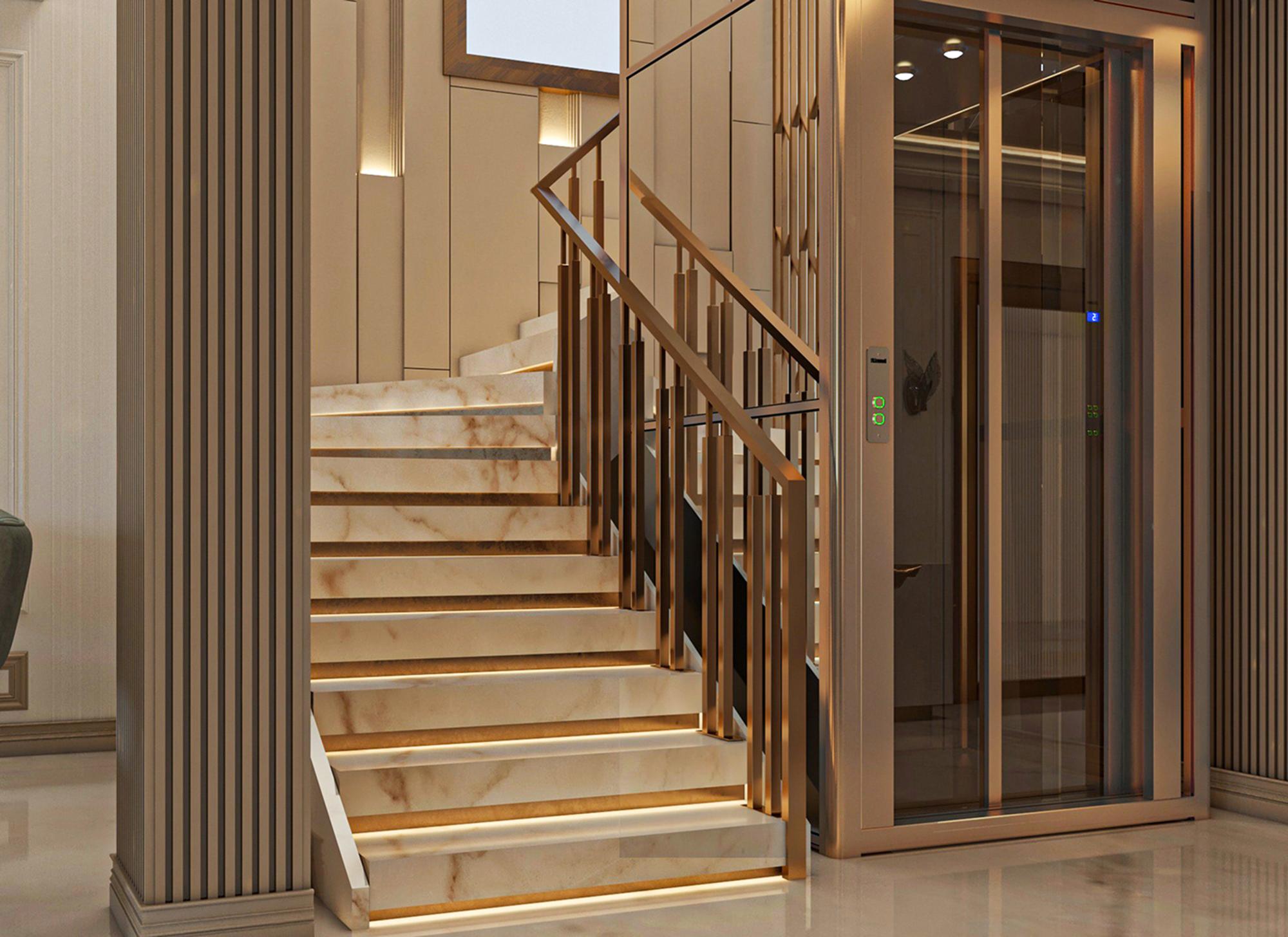 Um conjunto de escadas com corrimão e porta de vidro.