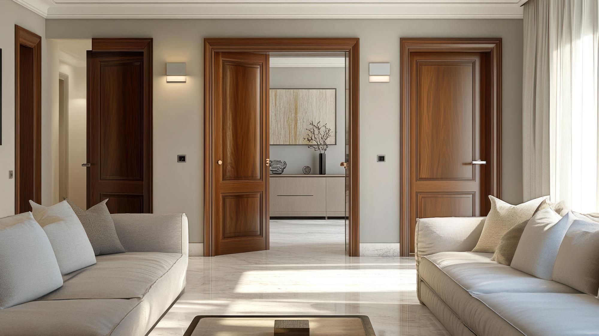 Design interior Sala de estar moderna com elegantes portas de madeira