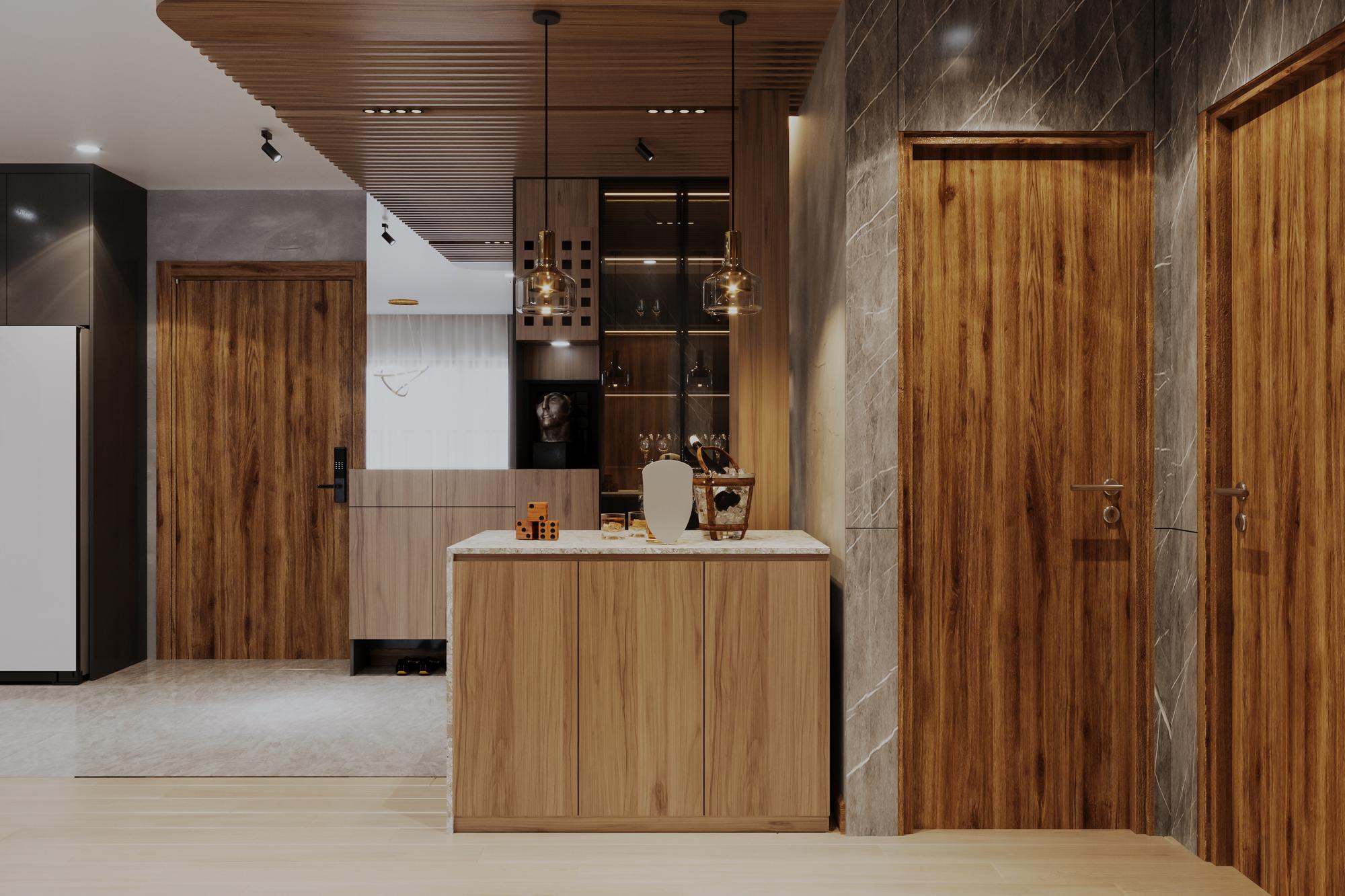 Interior de cozinha de madeira em casa contemporânea