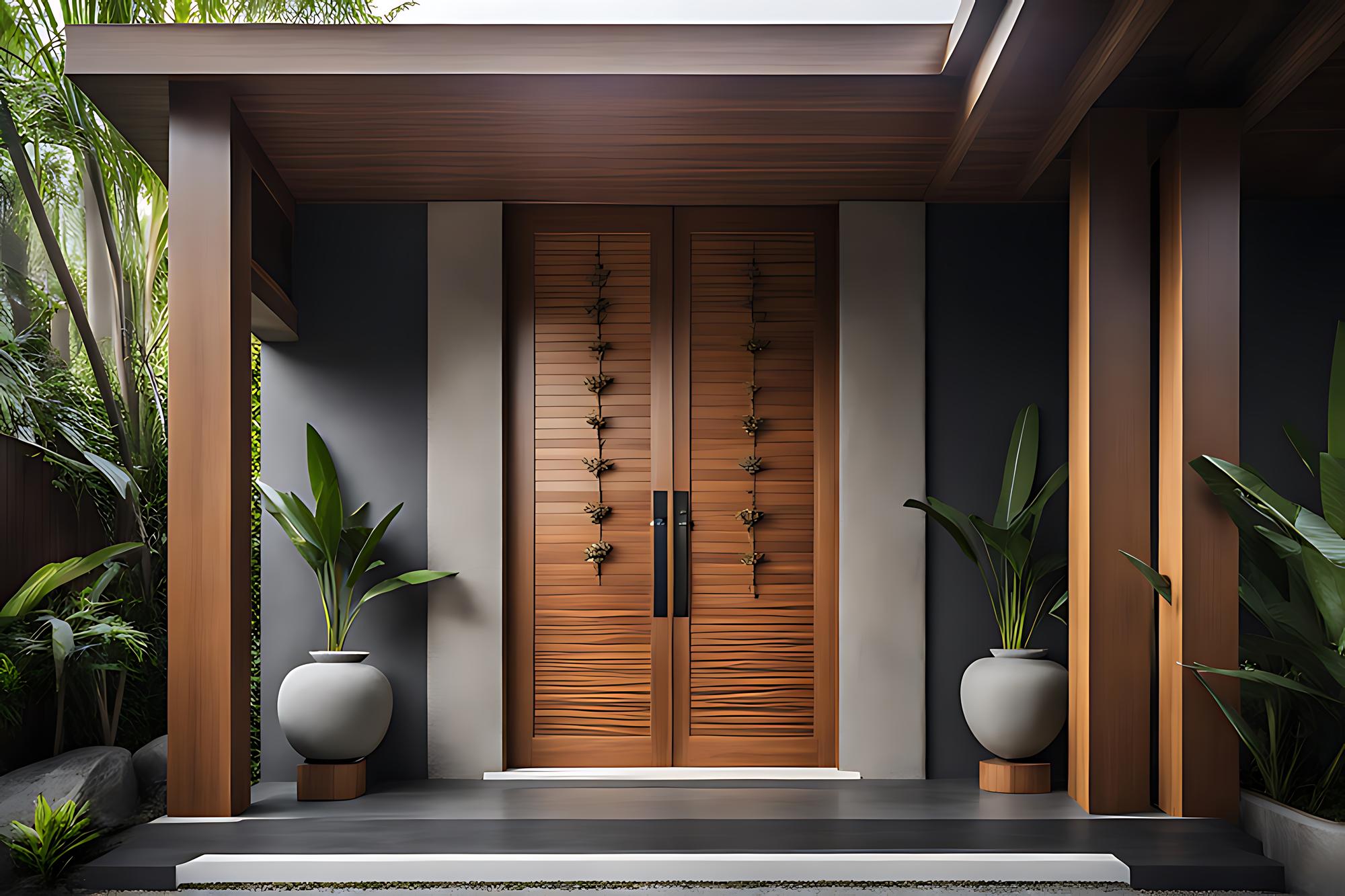 Porta de entrada principal moderna estilo minimalista de Bali exterior da vila na floresta