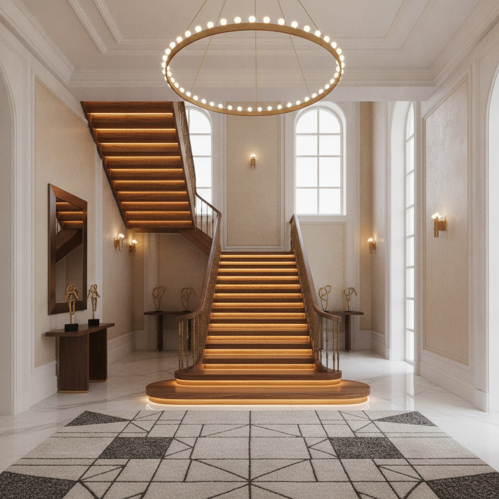 Escada de madeira maciça em hall de entrada de luxo com iluminação quente