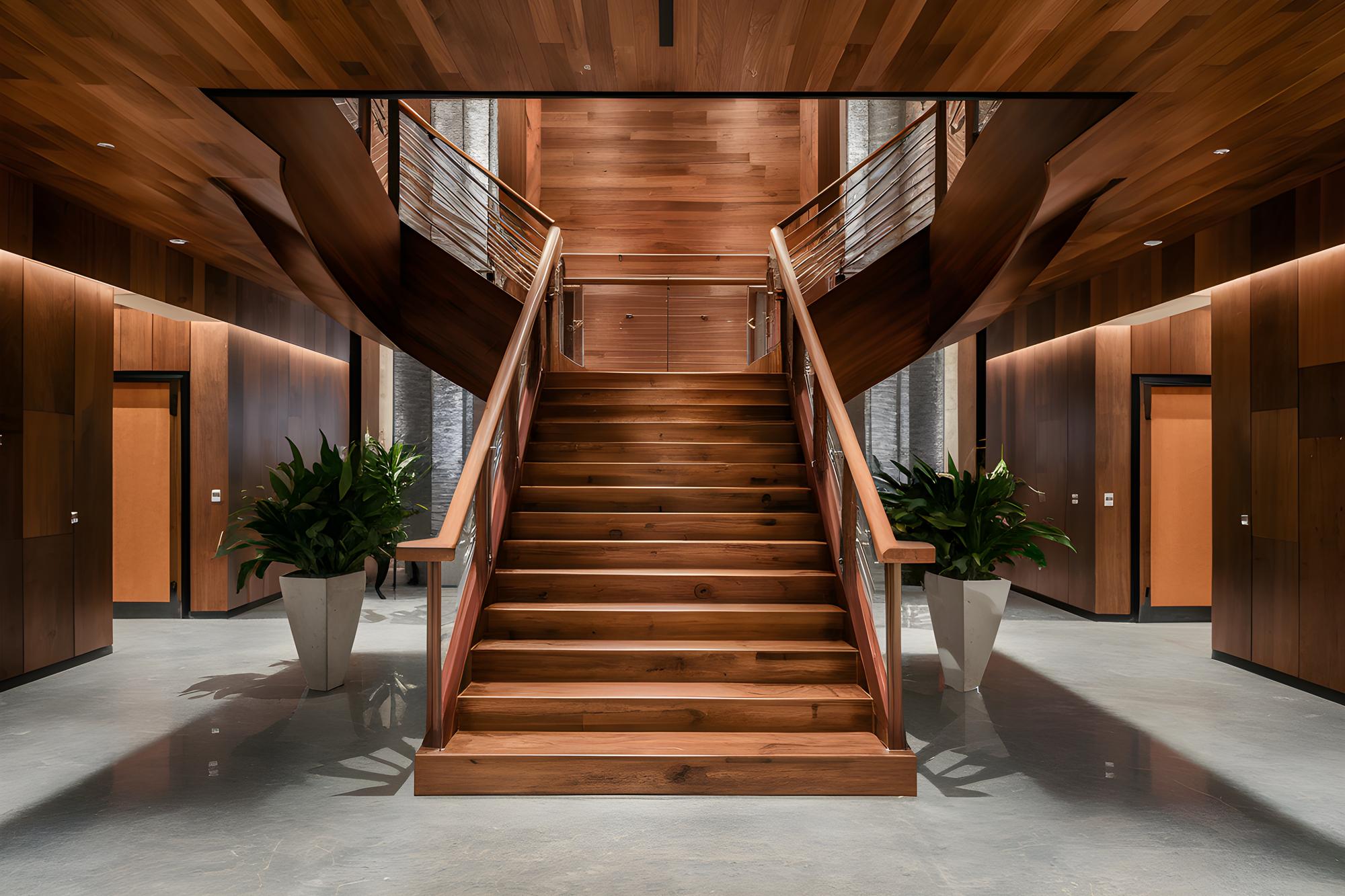 Escada de madeira polida corrimãos metálicos tonalidade quente design elegante moderno