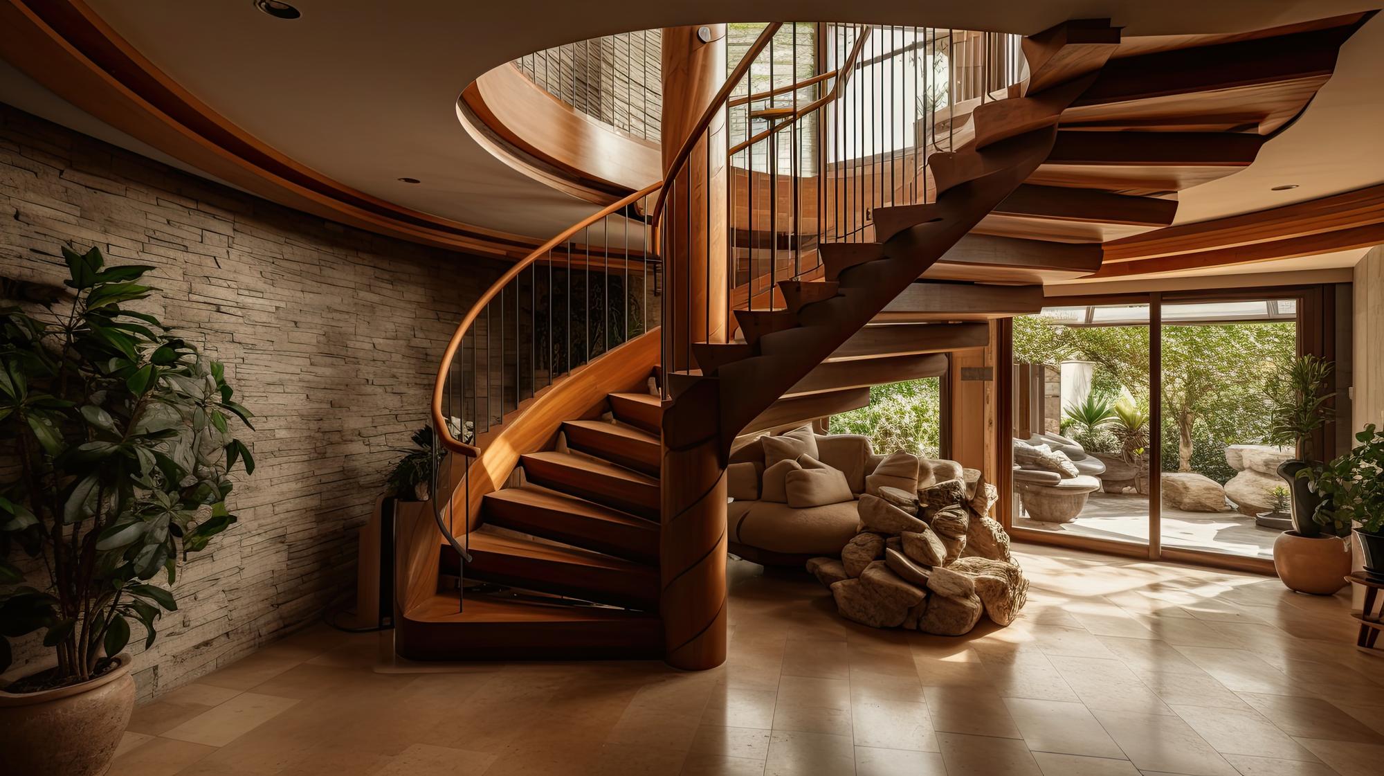 interior de uma casa moderna com escada em espiral de madeira e parede de pedra