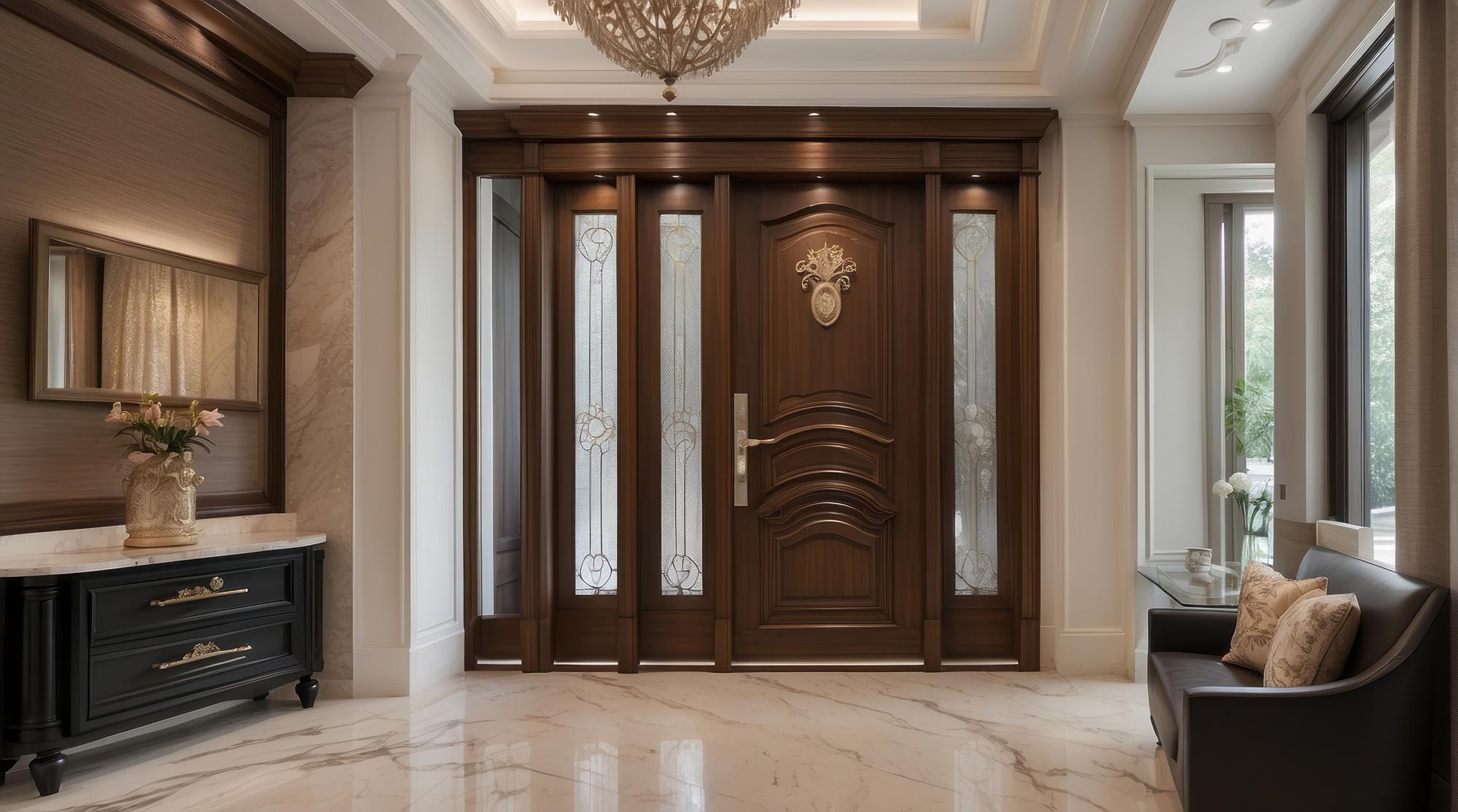 Entrada elegante com porta de madeira e chão de mármore