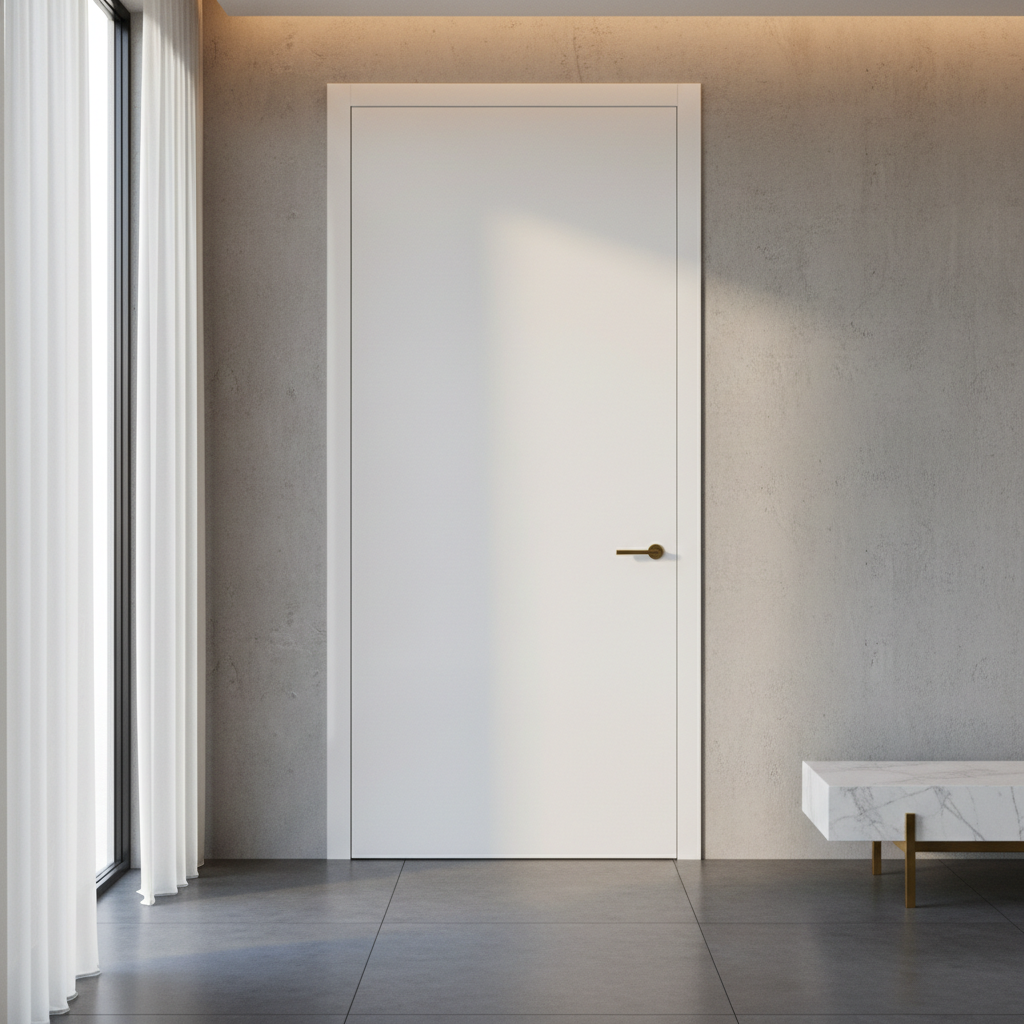 Porta laqueada branca minimalista de grande porte em um ambiente de luxo com iluminação focal, destacando o acabamento impecável.