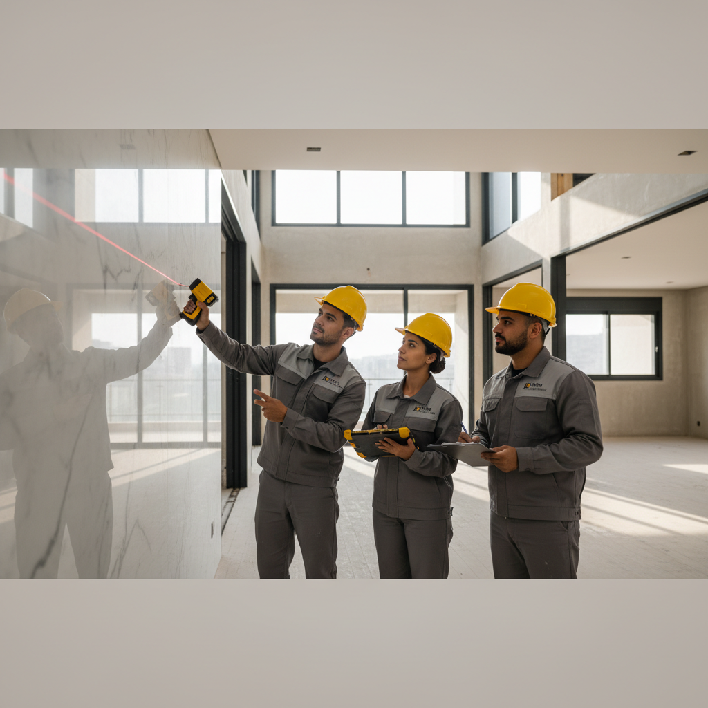Equipe técnica da Nova Acabamentos realizando a medição a laser em uma obra de alto padrão, garantindo precisão milimétrica.