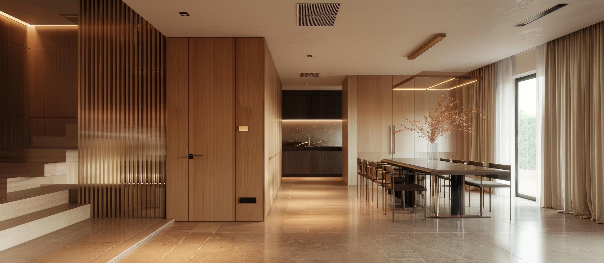 Mesa de jantar colocada no corredor de uma casa contemporânea com interior elegante