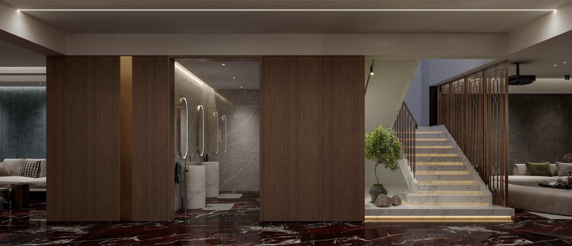 Renderização 3D da sala de estar e do espaço familiar