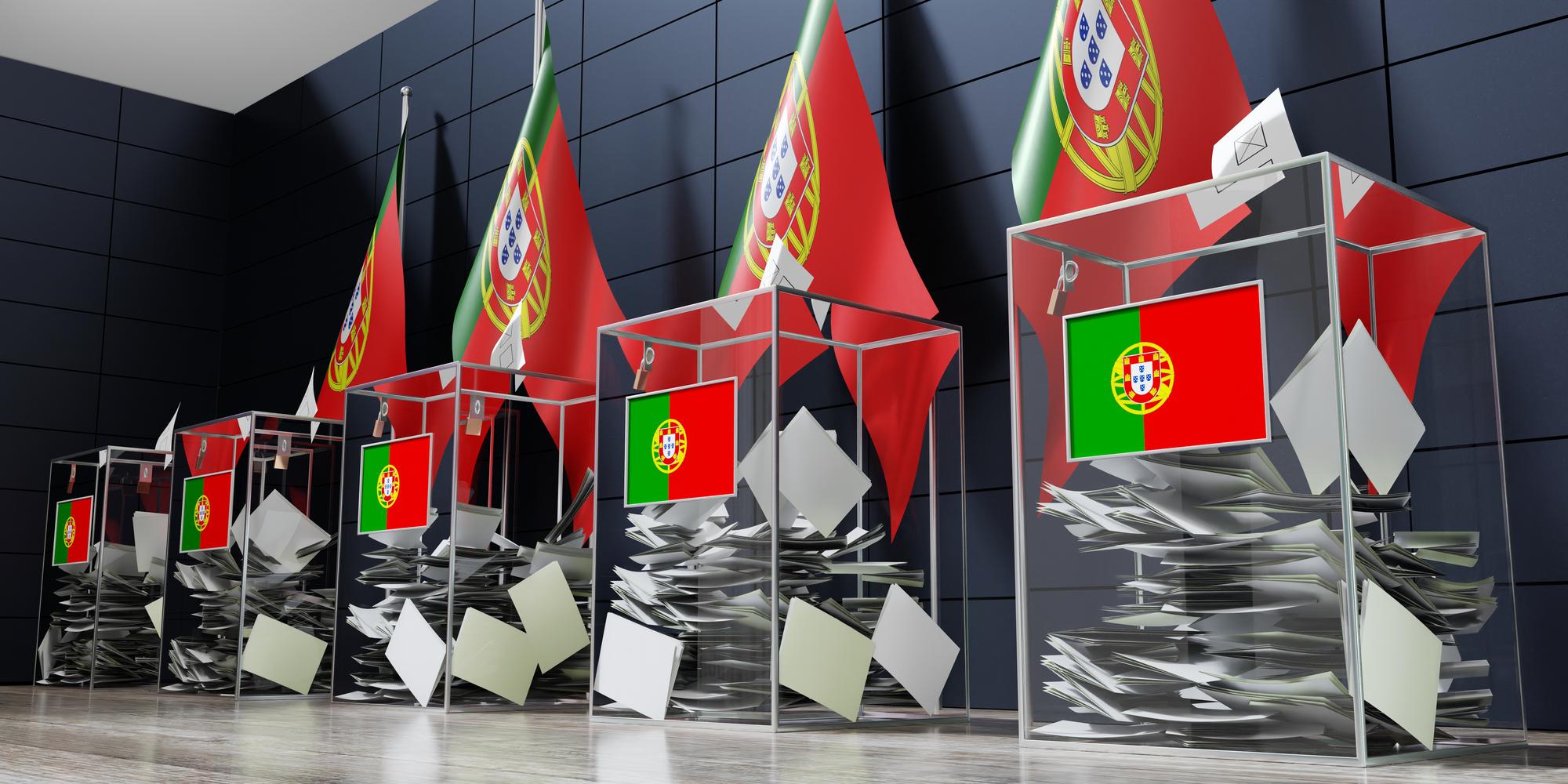 Portugal várias urnas e bandeiras votando conceito de eleição ilustração 3D