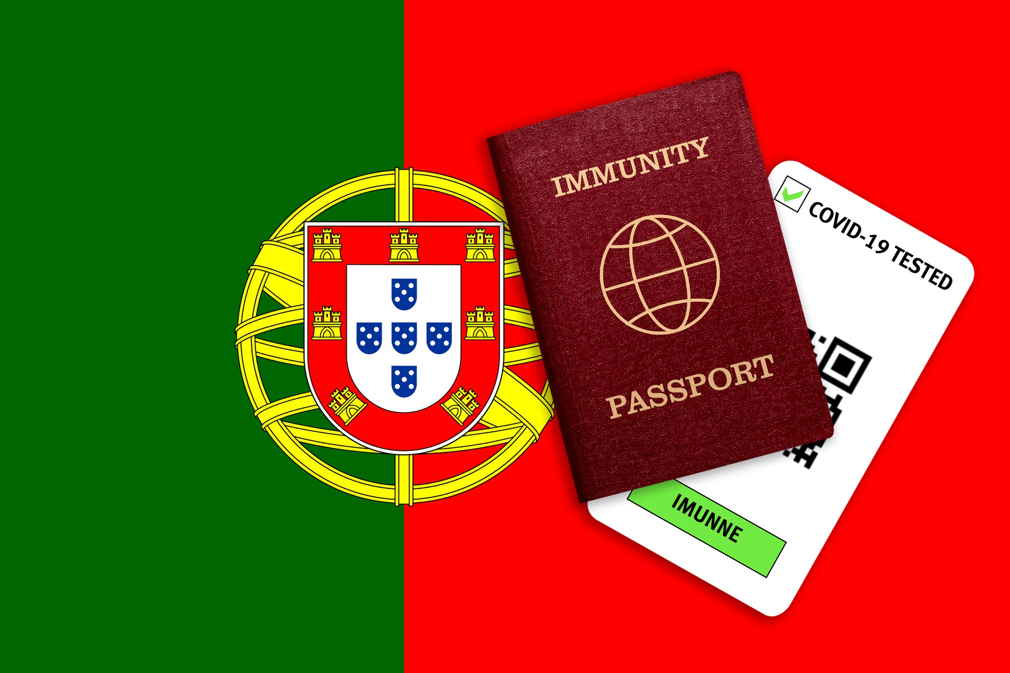 Certificado de viagem após pandemia para pessoas que tiveram coronavírus ou fizeram vacina e resultado do teste para COVID-19 na bandeira de Portugal