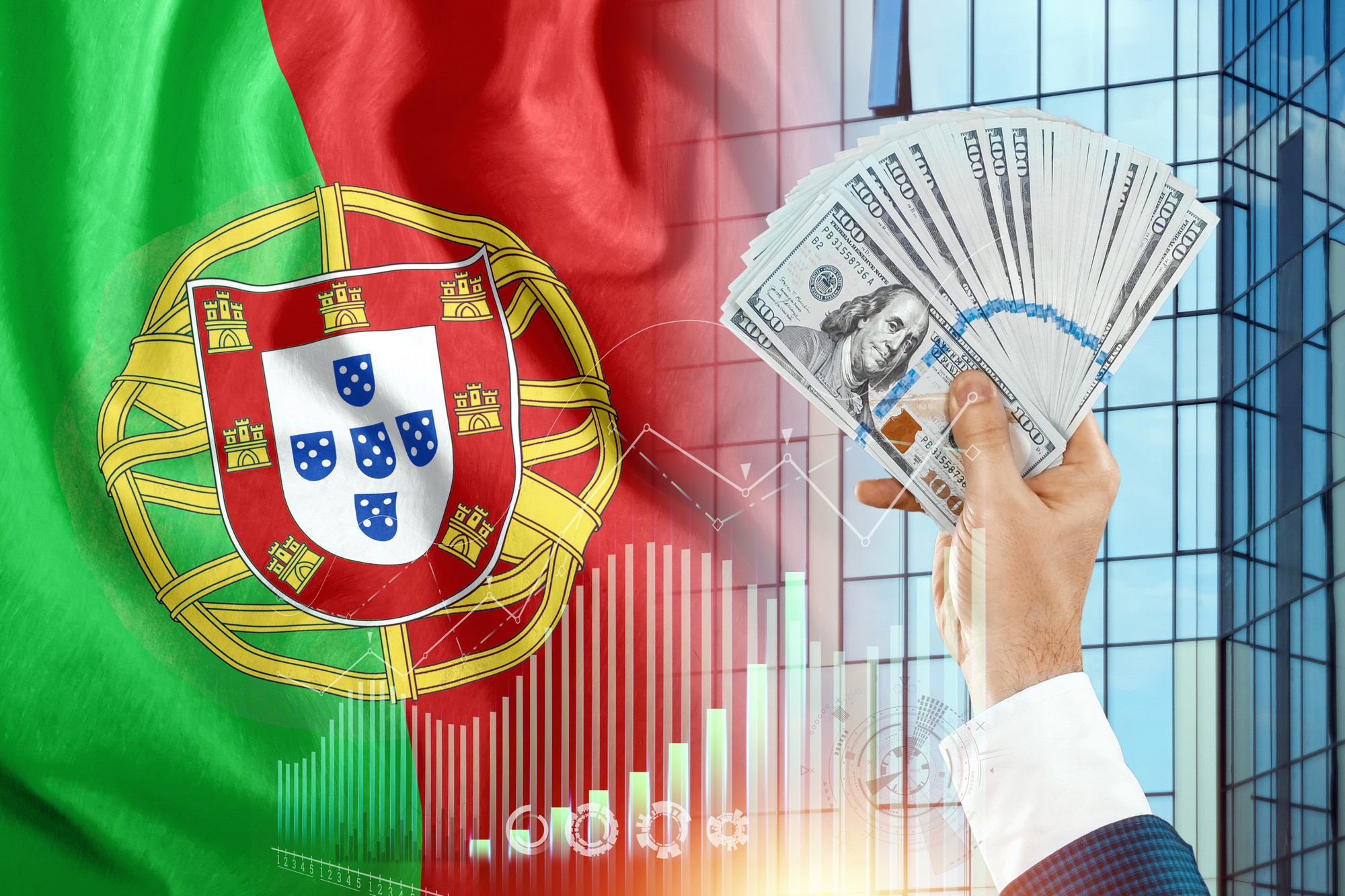 Dinheiro na mão de um homem no contexto da bandeira de Portugal