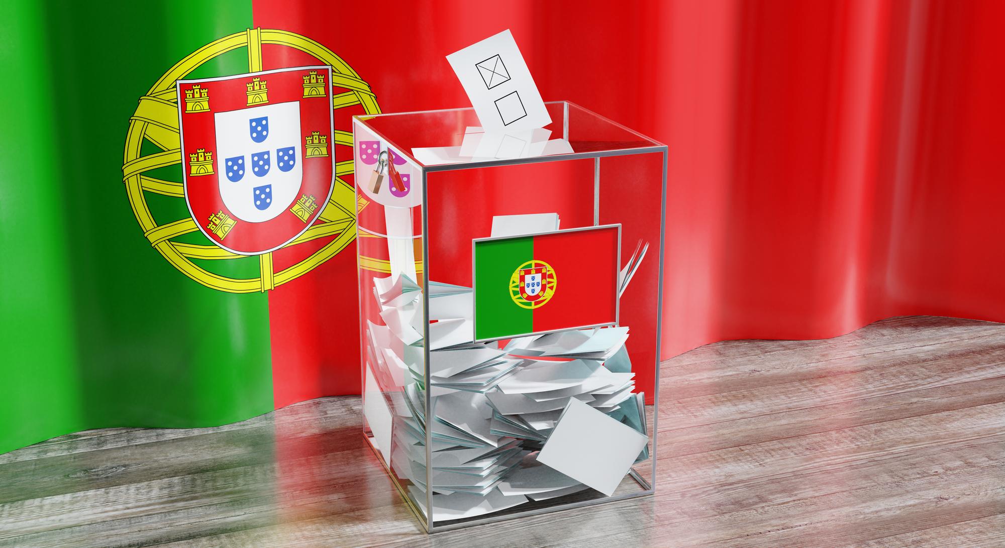 Ilustração 3D do conceito de eleição de votação de urnas de Portugal