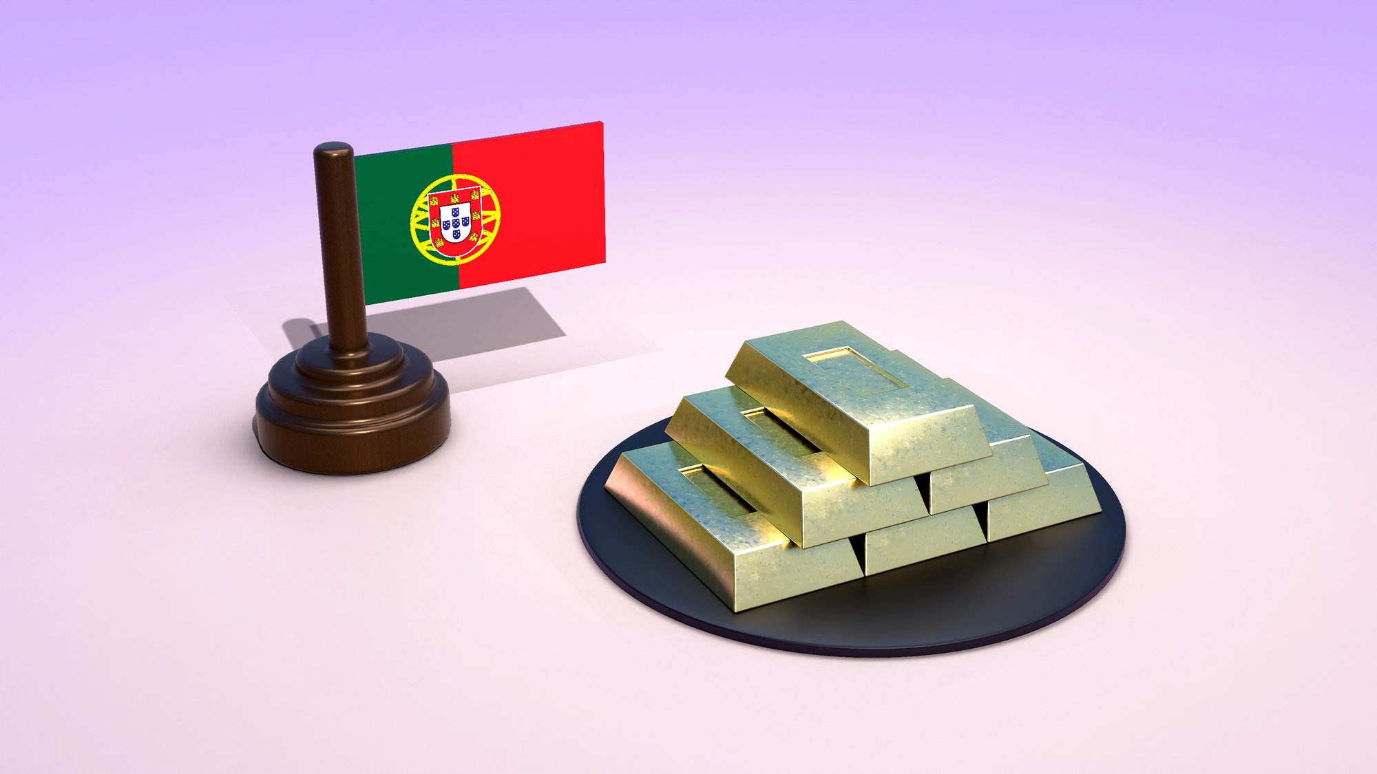 Bandeira de Portugal e barras de ouro em exposição