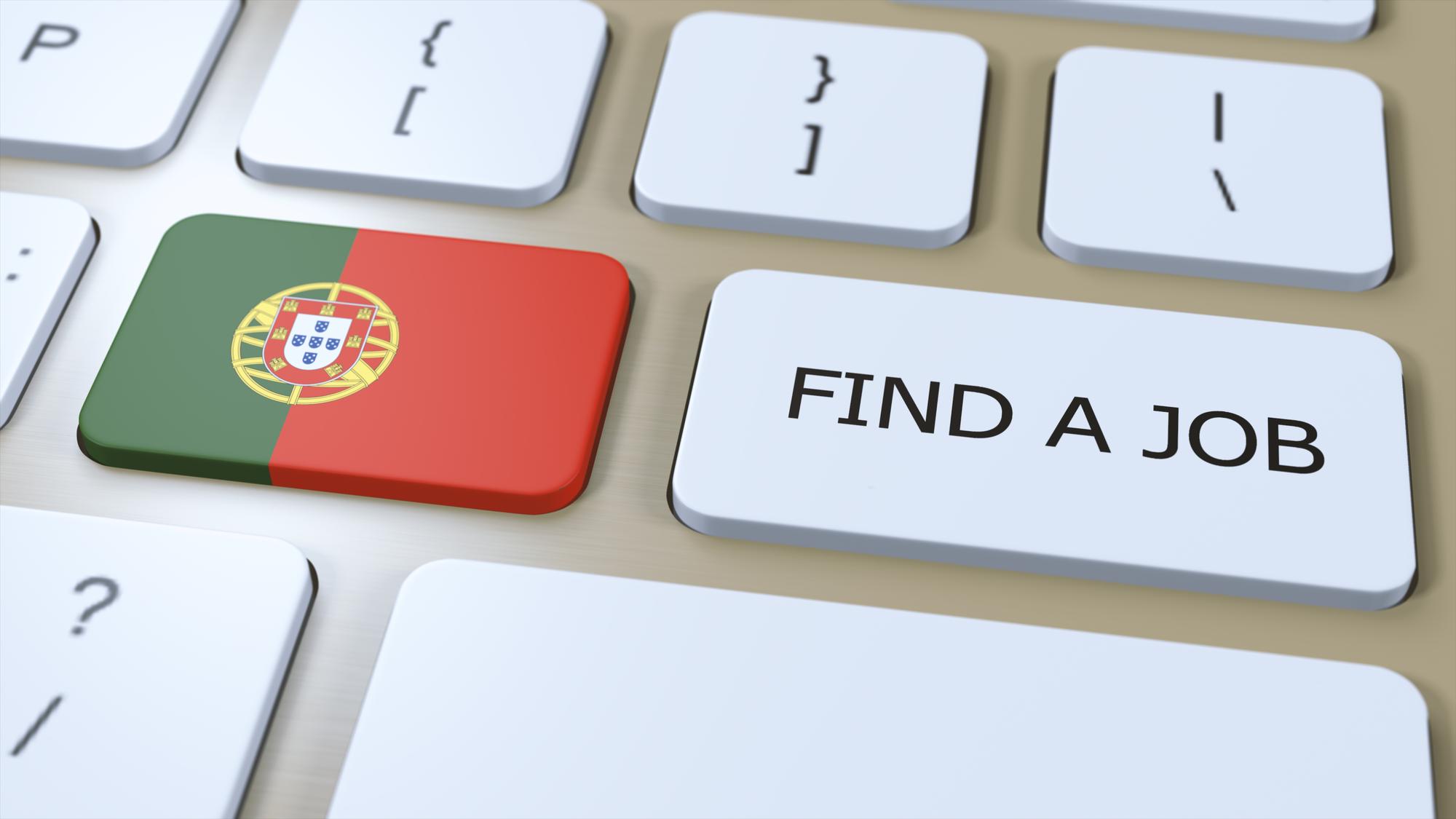 Bandeira Nacional de Portugal com texto Encontre um emprego no país Ilustração em 3D